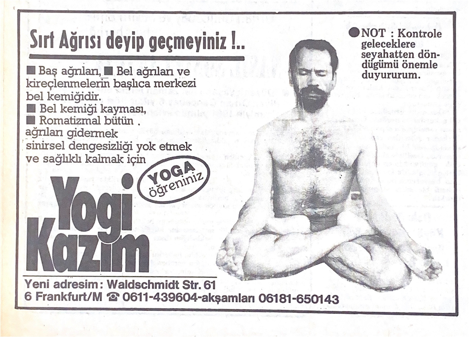 Advertisement for Yogi Kazim Classes in Hürriyet, 27.11.1980 - Photo: TAM Museum Source: Stabi Berlin