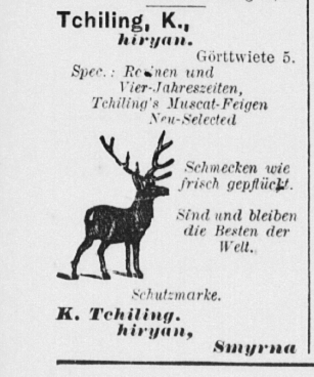 Advertisement for Karabet Tchilinghiryan’s wholesale for dried fruits in the Hamburg business directory of 1908 • Source: Hamburger Adressbuch 1908, Branchenverzeichnis: Dritter Abschnitt Geschäfts- und Berufszweige I. Abtheilung: Locales. Alphabetteil Obst und Früchte Seite III/236 (Universität Hamburg)