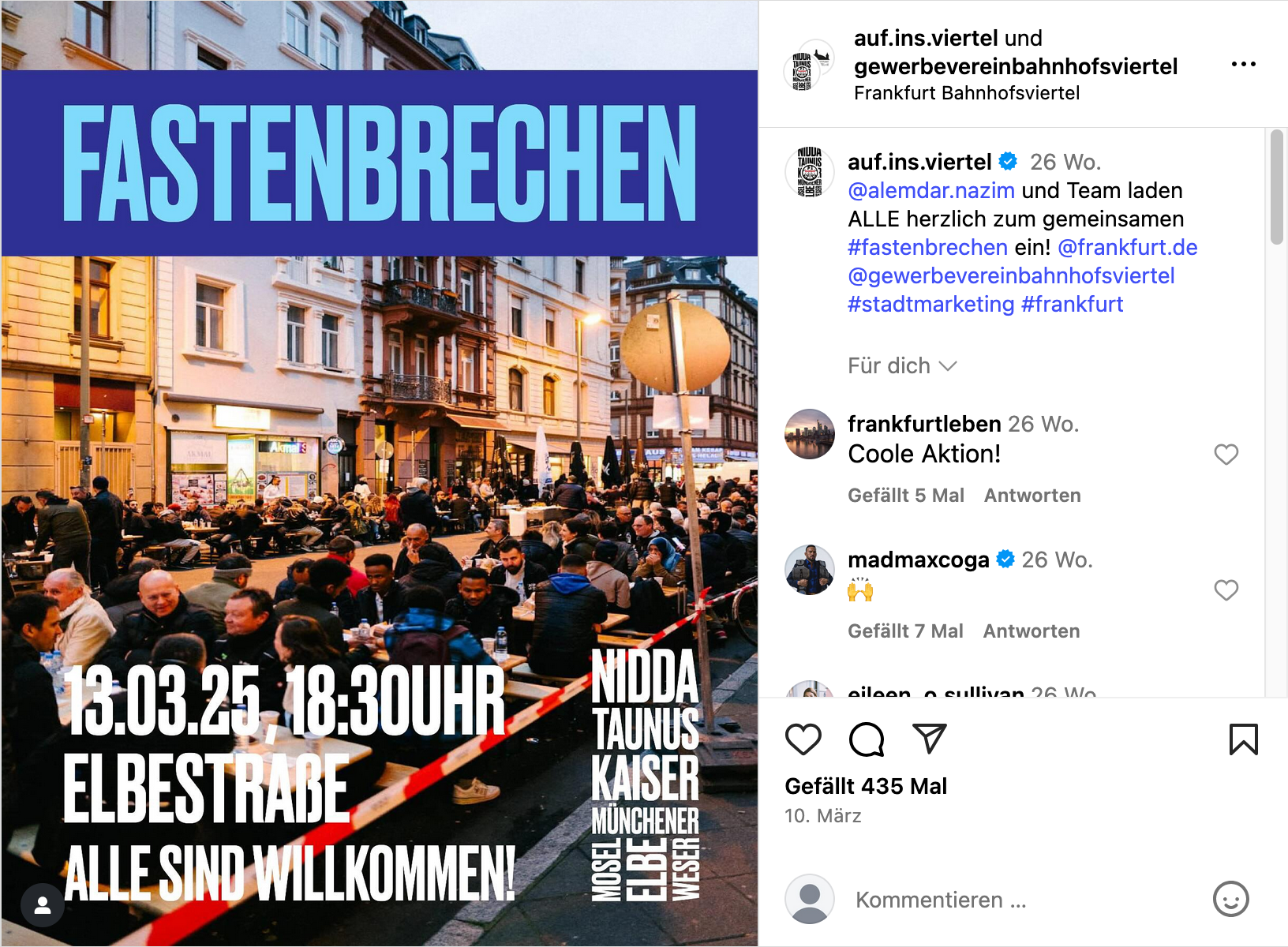 Invitation for the communal breaking of fast event 2025: „@alemdar.Nazım and team cordially invite EVERYONE to breaking the fast together!“ Photo: @auf.ins.viertel and g@ewerbevereinbahnhofsviertel Source: instagram