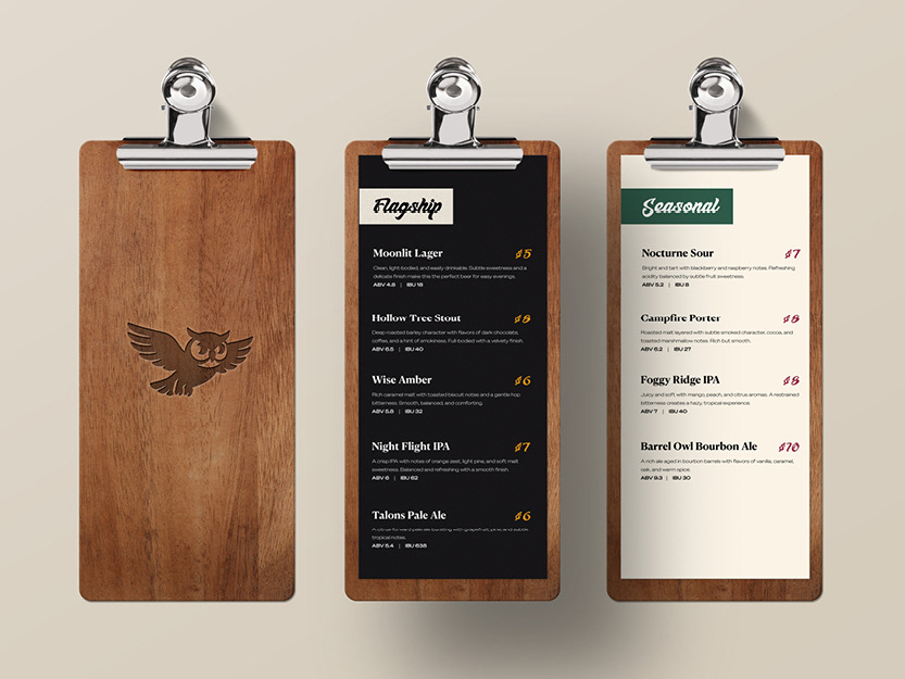 Flagship and Seasonal Beer Menu Design with Custom Clipboards