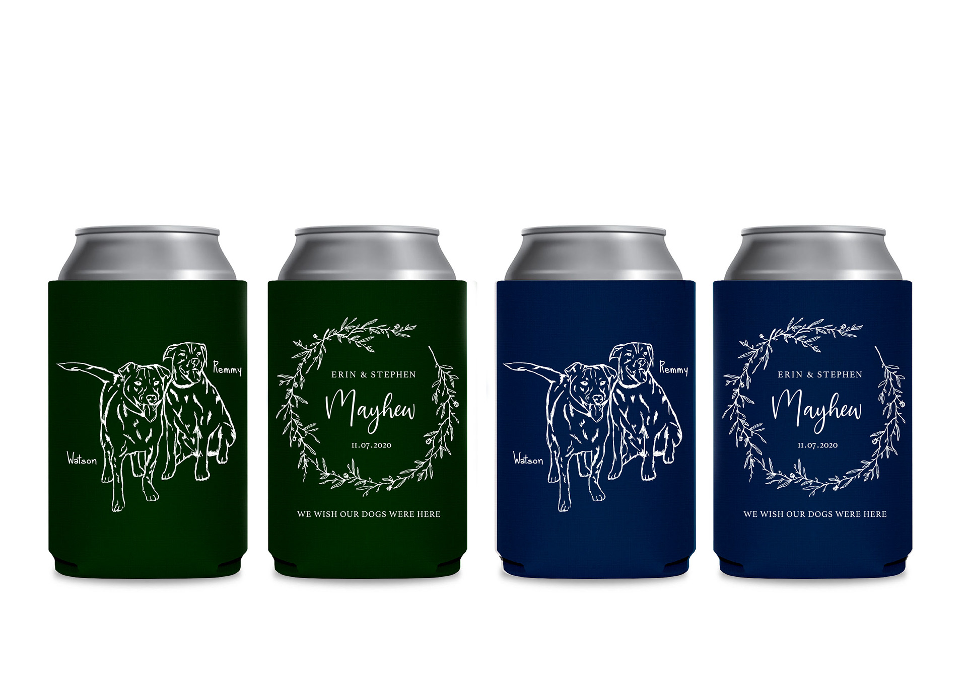 Custom-illustrated koozie designs created for wedding favors.