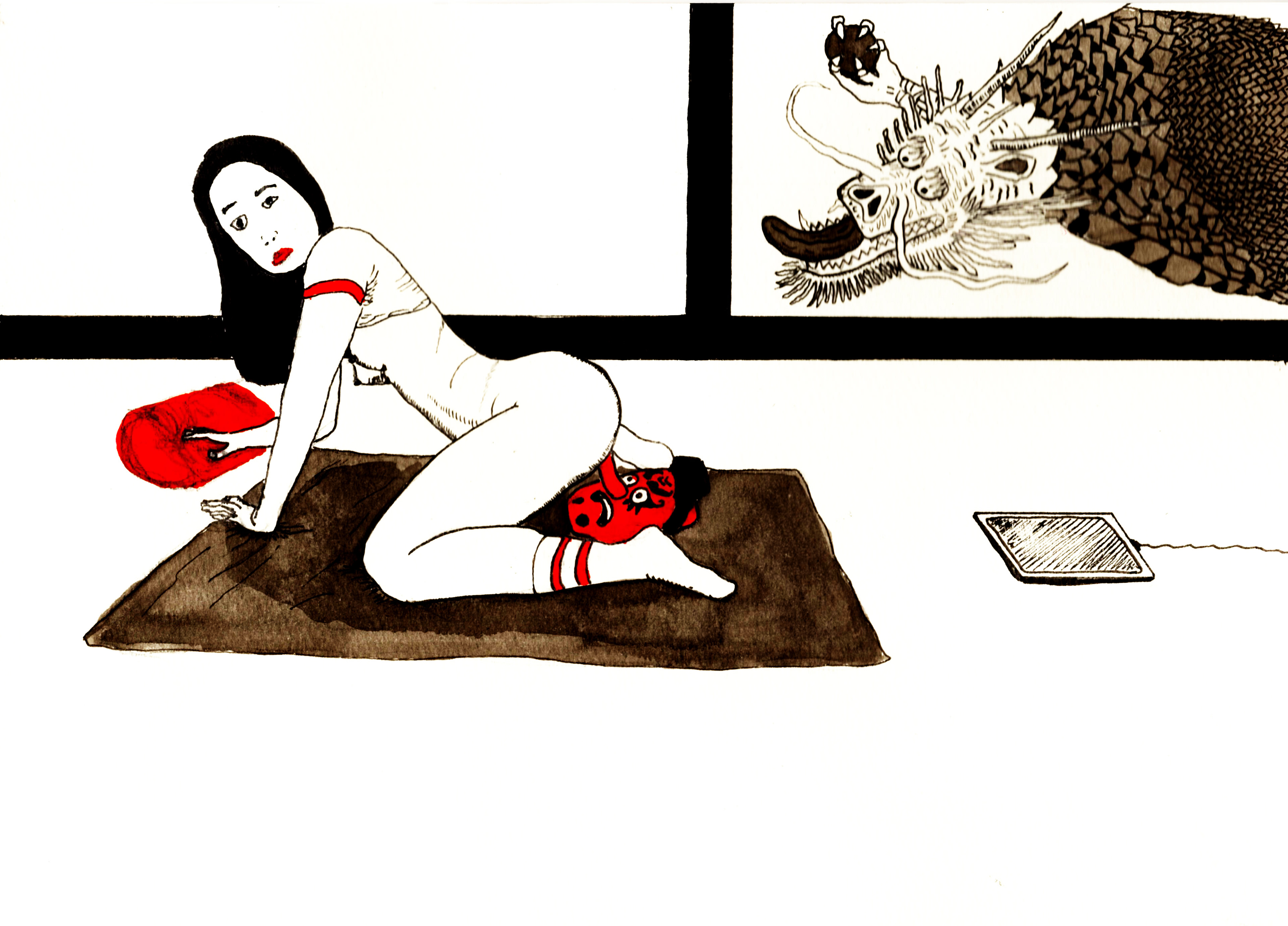 Tengu & dragons, ink on paper, 182x257mm, sold