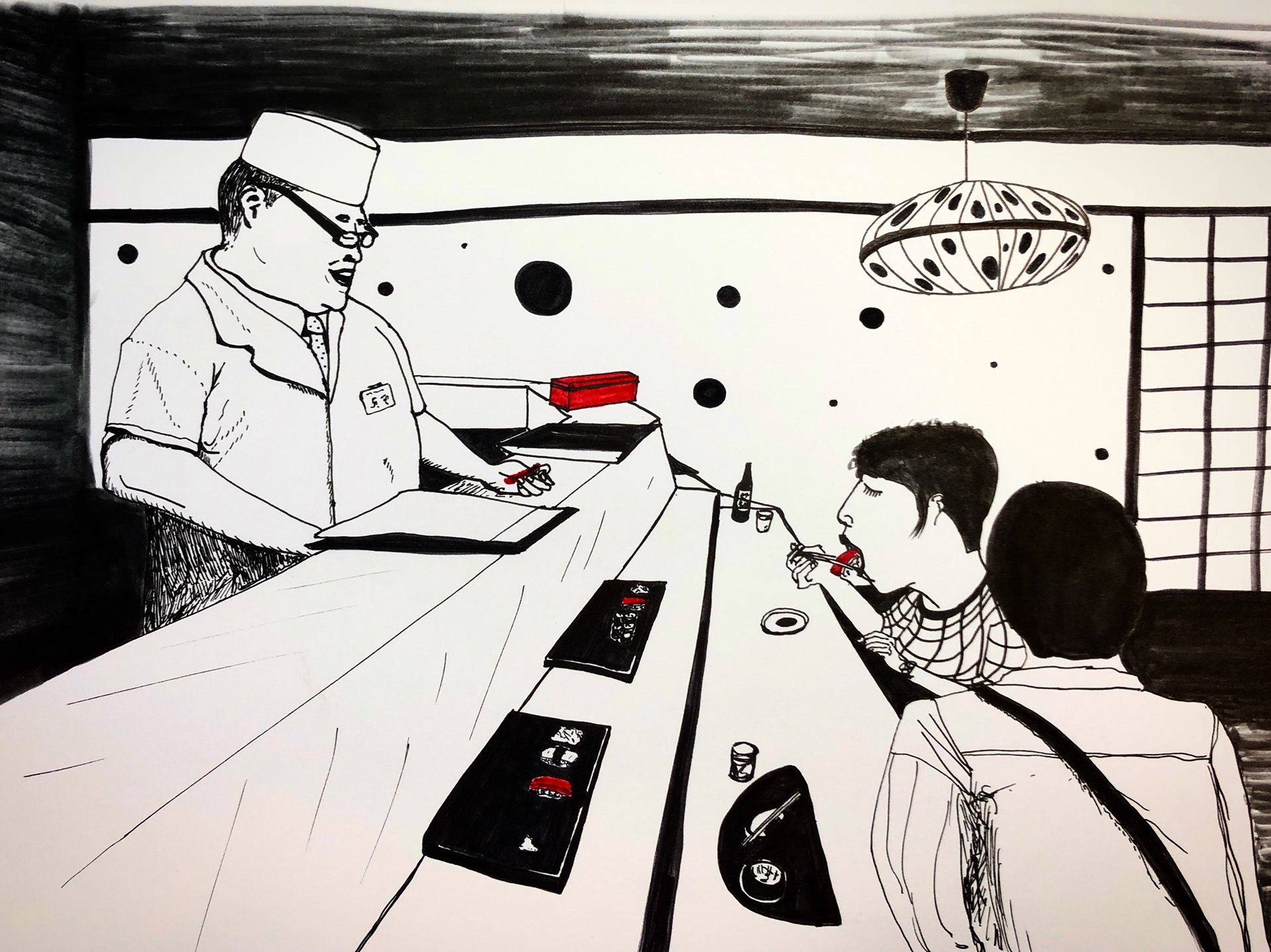 At the sushi, ink on paper, 128x182mm