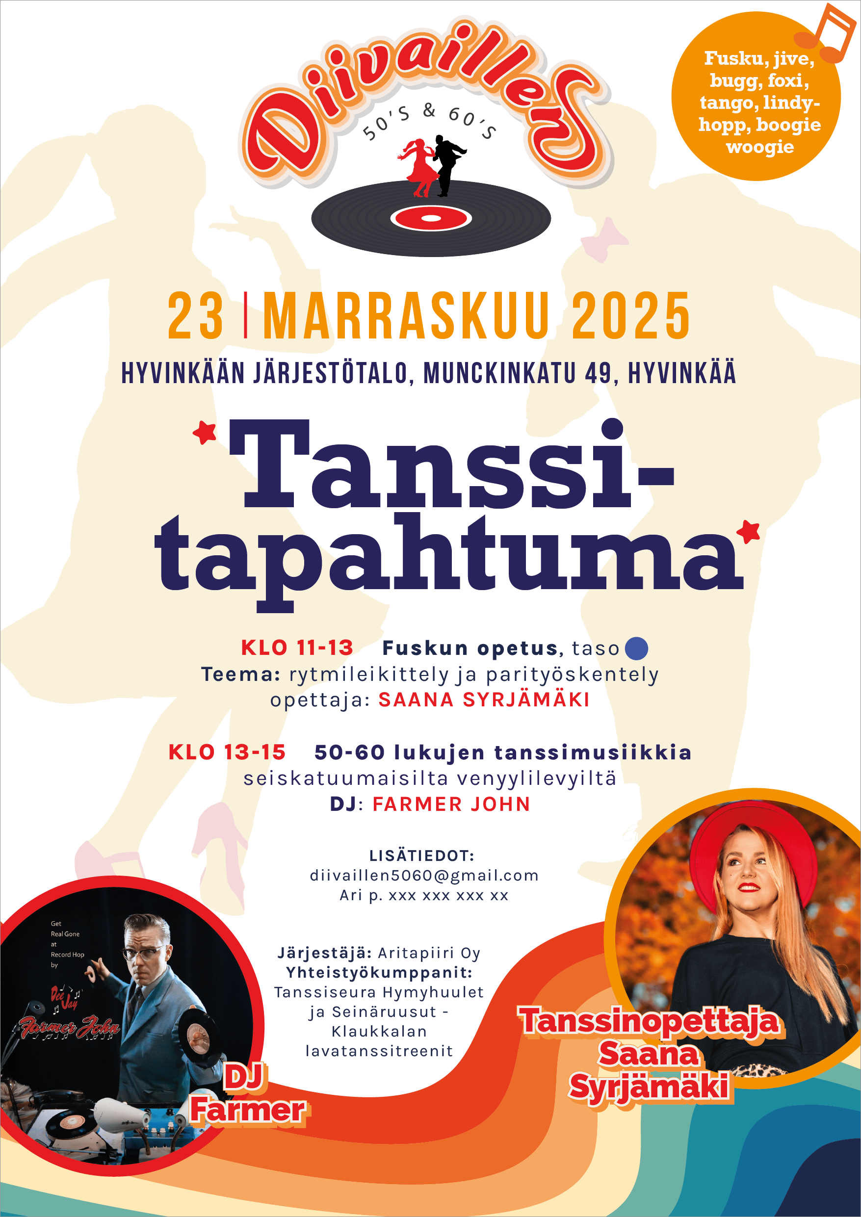 Tässä tosiaan valkoinen tausta ja tanssihahmot himmeenä taustalla. Pitää vielä funtsia mihin saadaan teidän somekanavat esiin.