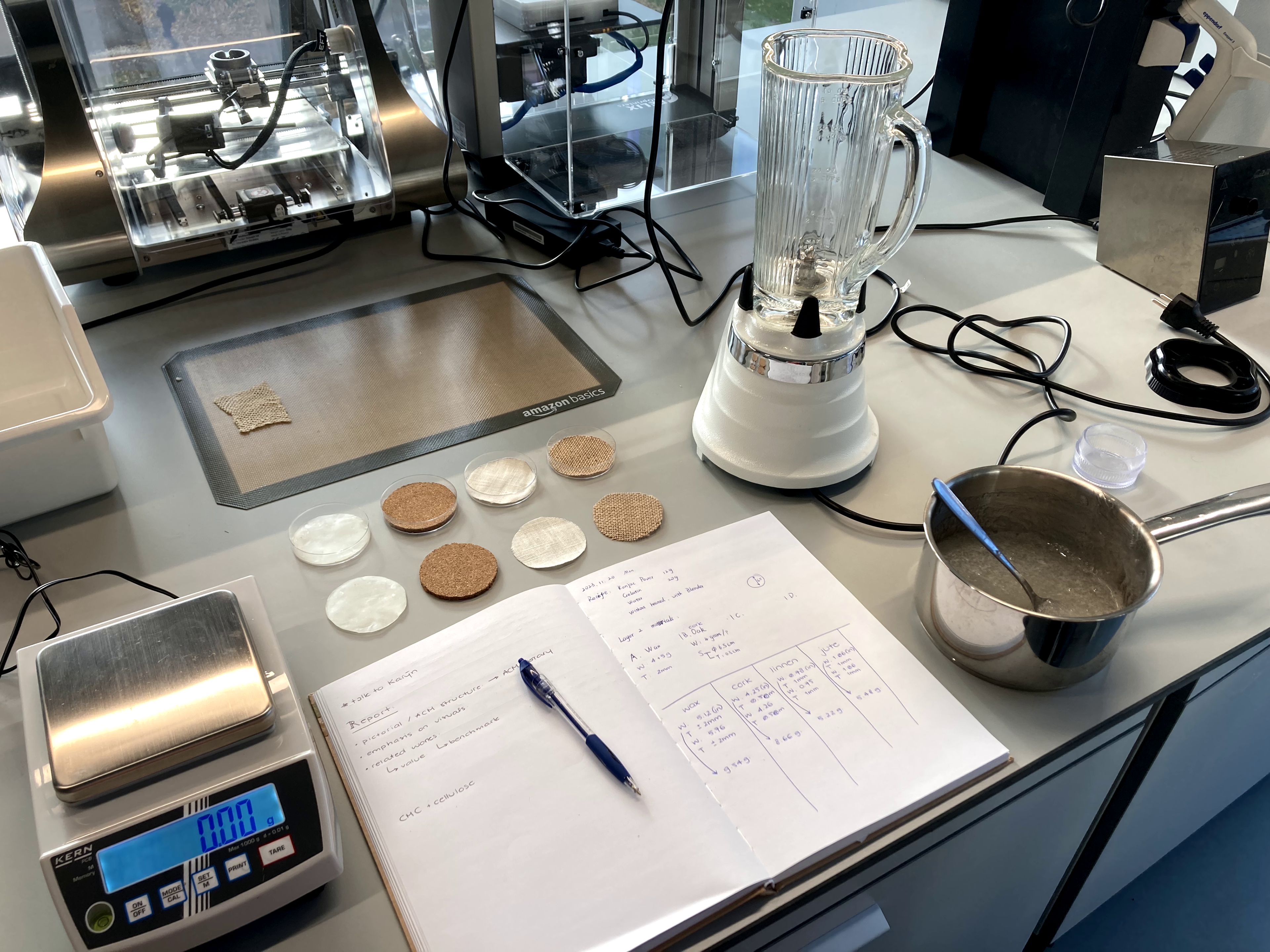 Experiment set-up to test different layers of materials with the biofoam to create shape-changing material