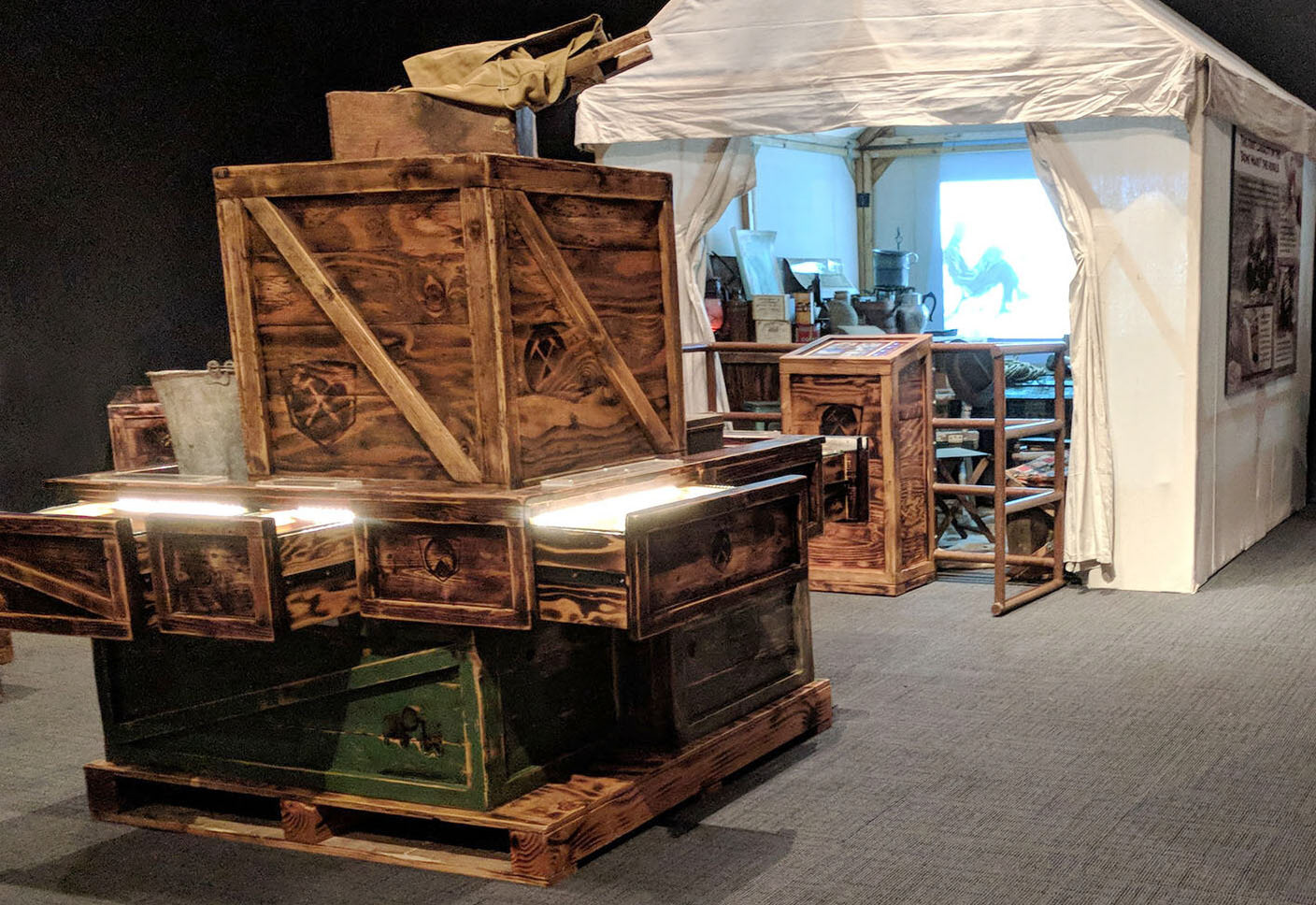 The campaign tent interior replicated the field tent of early paleontologists.