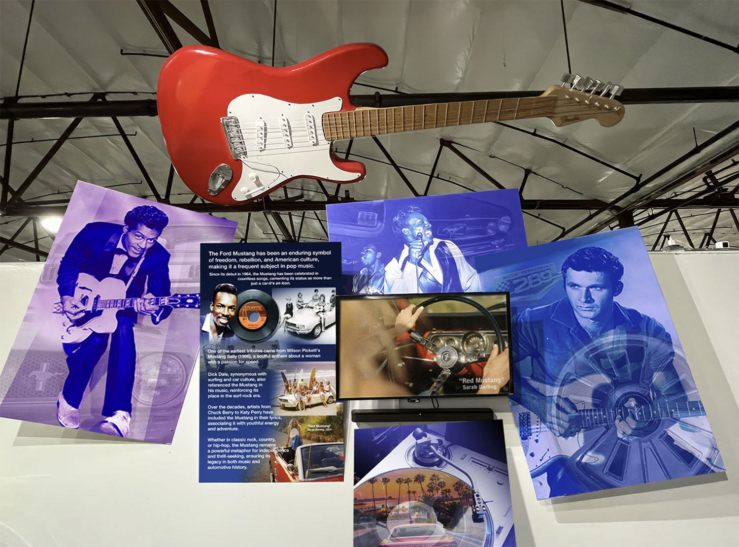 After traveling all over North America for many years, the only damage was a bent whammy bar, a missing volume knob, and a hole in the side which I repaired.   •   After the Mustang 60th Anniversary exhibit closes it will become part of a new display celebrating the mix of California surf music and car culture in the Sixties.   •   Yes, there will be surfboards. Lots of them.