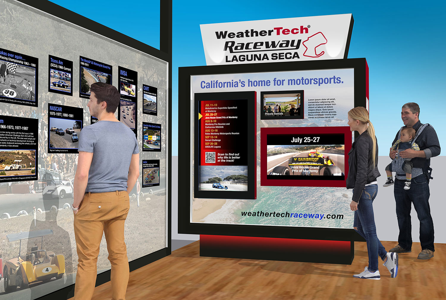 Left TV: updated event calendar
Top TV: promotes guest upgrade amenities Right TV: exciting track footage teases events available for immediate ticket purchase