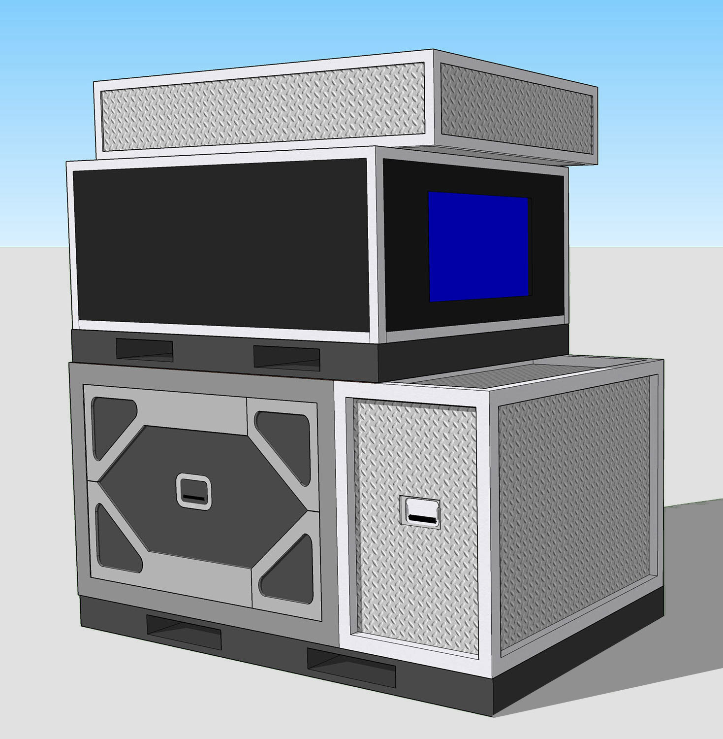 A monitor runs a series of brief action clips on a loop.