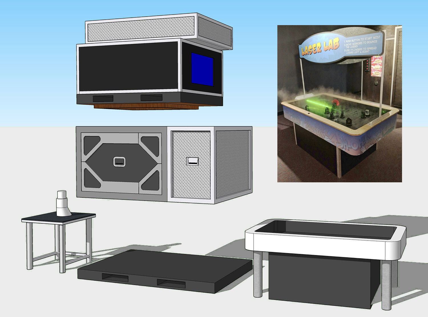 This cabinet, resembling a group of road cases stacked together, holds the Laser Lab interactive and the Wentzscope for another display.