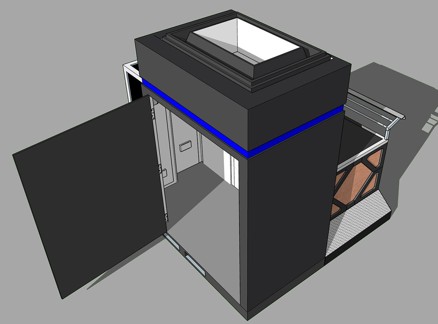 The outside "road cases," complete with coffin locks, are just facades. The top nested sections are raised by hand and kept in place with metal pins.