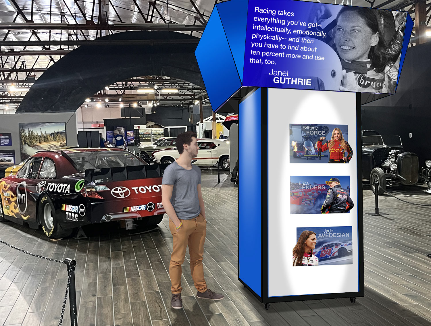 My proposal to repurpose an existing rolling kiosk. A lightweight header would hide lighting for graphics, and a vertical TV would be mounted on one side.