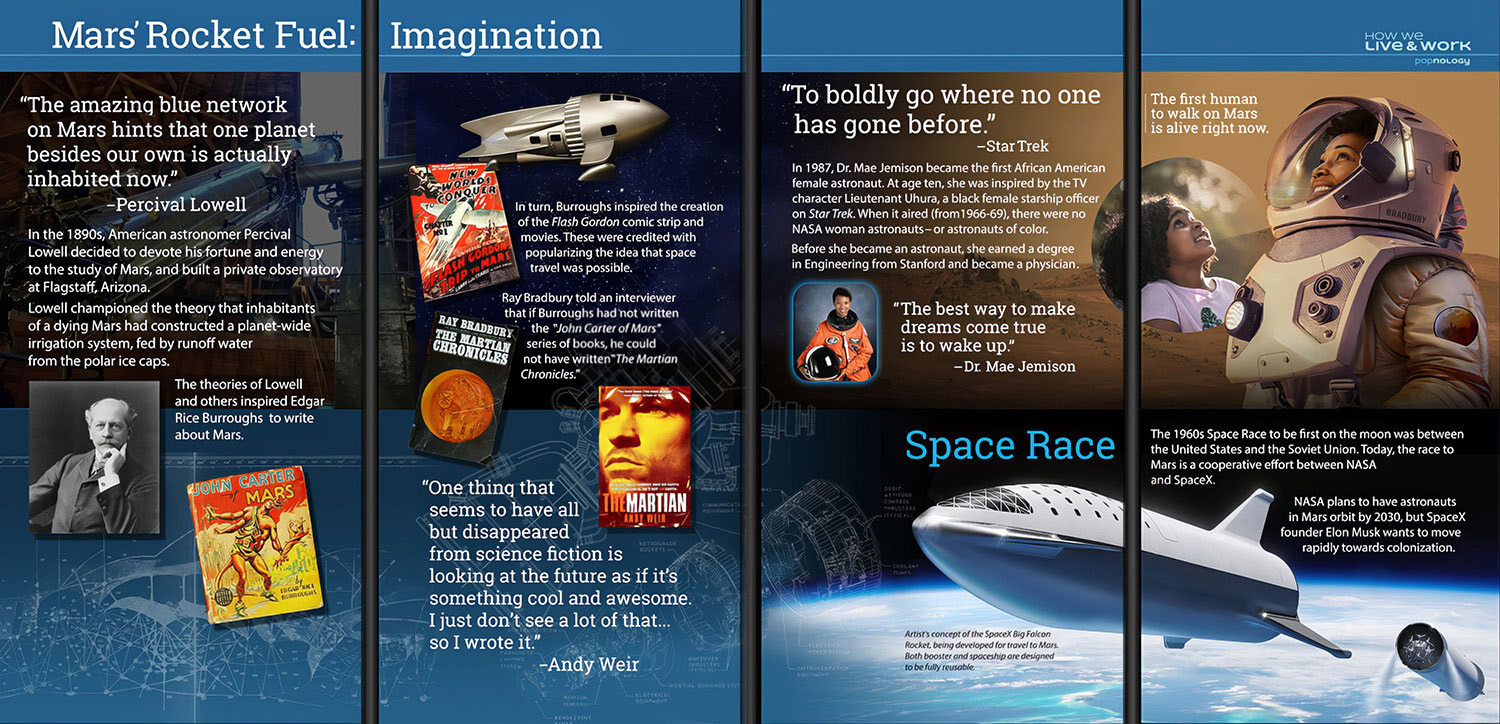 Exhibition: POPnology. I love adding "Easter Eggs," like the name on the astronaut's helmet. (Client: Stage 9 Design)