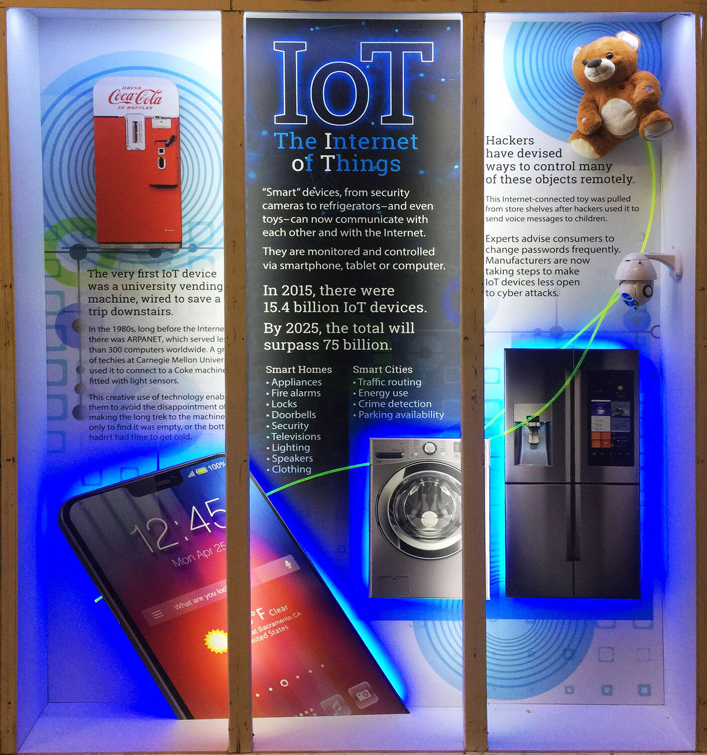 I was given a two-week deadline to design, fabricate and install a display that explained the “Internet of Things.”   •    My first question was, “What is the Internet of Things?” I’d never heard or read about the term before that staff meeting.   •   The deadline was absolute; once the semi-trailer trucks arrive to take the displays, there's no (inexpensive) way to complete them..