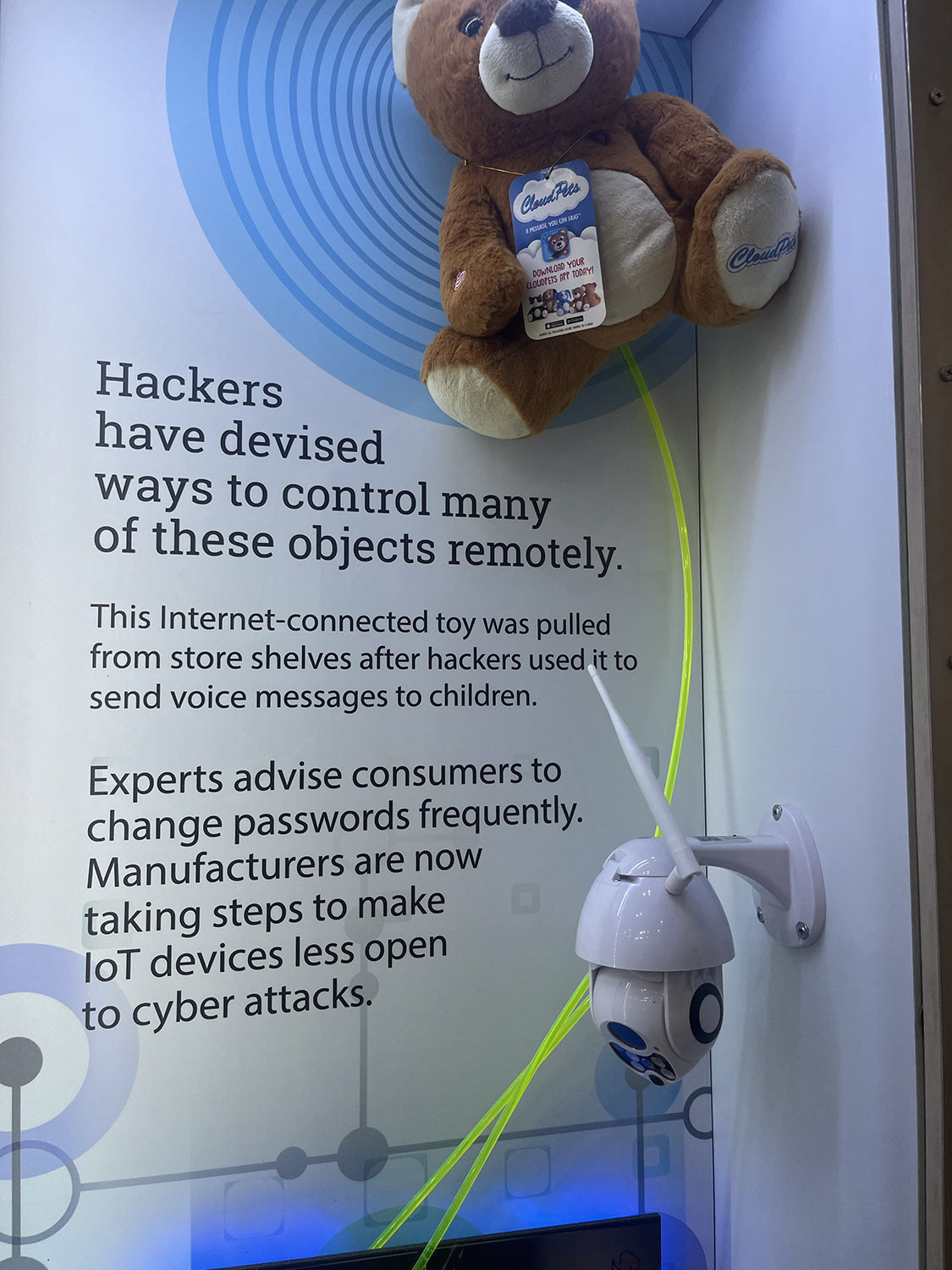 I had seen the flexible fluorescent tubing at Tap Plastics two years previously and remembered how cool it looked.  •    I adhered strips of blue LEDs behind the Gatorboard graphics, which I mounted on wood standoffs.