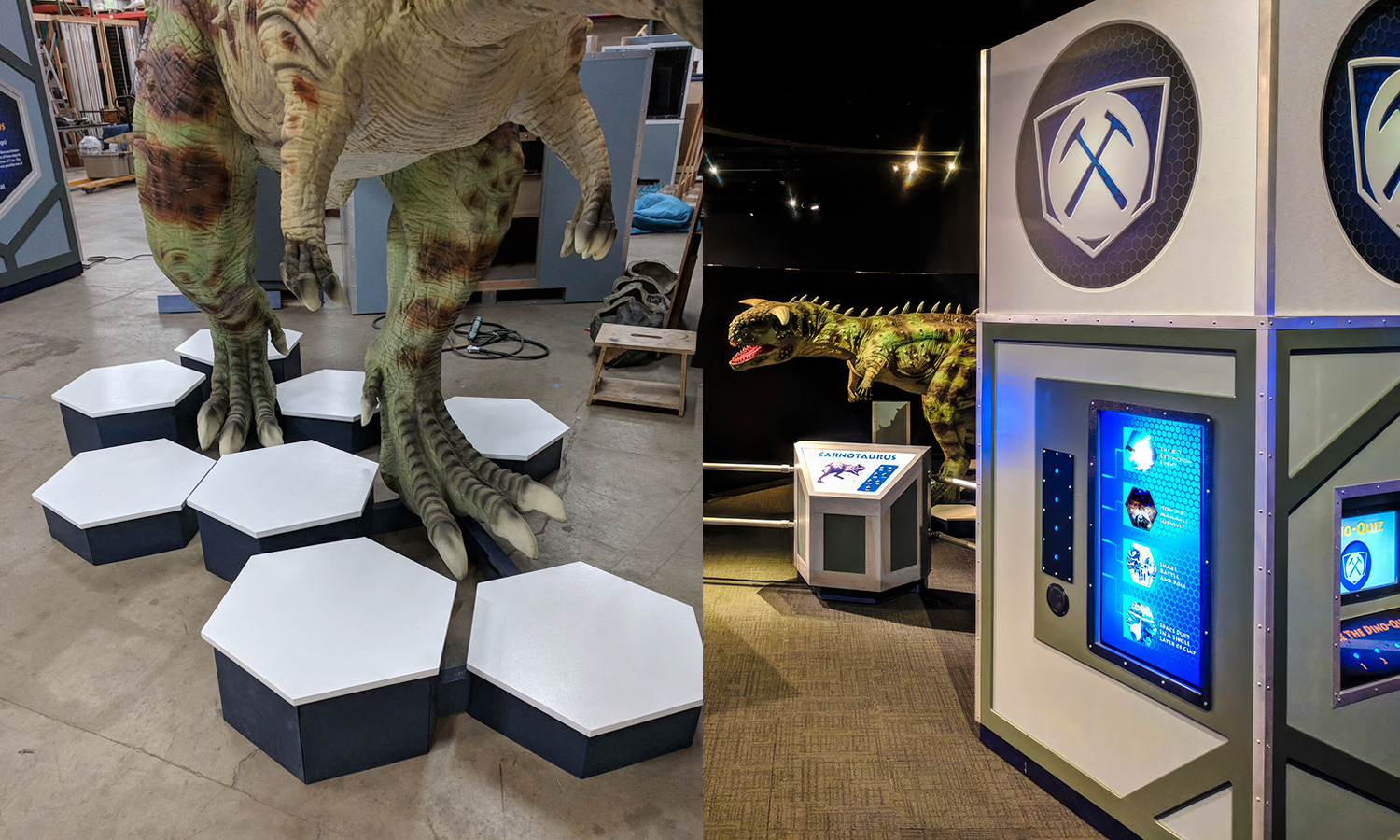 The welded animatronic dinosaur bases are raw steel rectangles, and would have made the displays look crude and unfinished. I disguised them with hexagonal pieces. The wooden tops have a 5/16” slot routed around the edge, and I scored Coroplast bases of varying heights to store flat and be easily assembled at each venue by inserting the edge into the slot.  •   The controllers for the critters are also an anchor point for the railing.