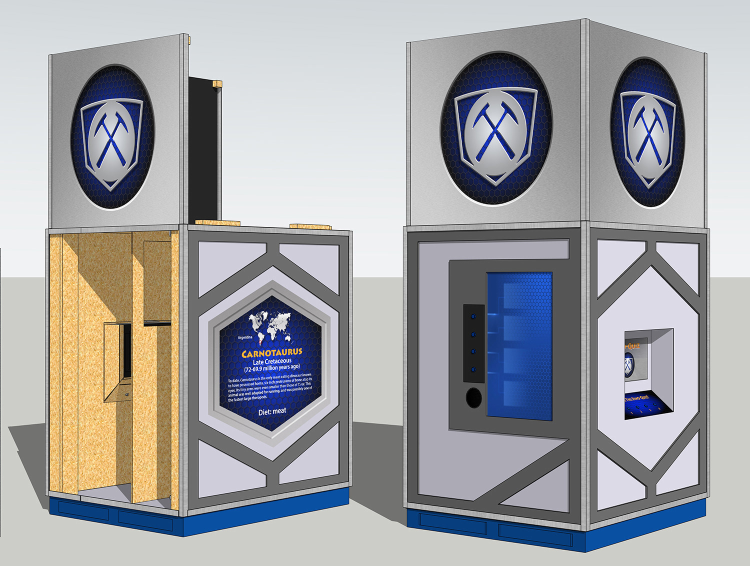 Two sides contain the interactive displays. Side three has an informational graphic, and the fourth side has a decorative stylized “door” with a non-functional electronic keypad. That entire side is removable for loading and unloading. The Gator top panels stack flat on top of the display to save room inside for the other components.