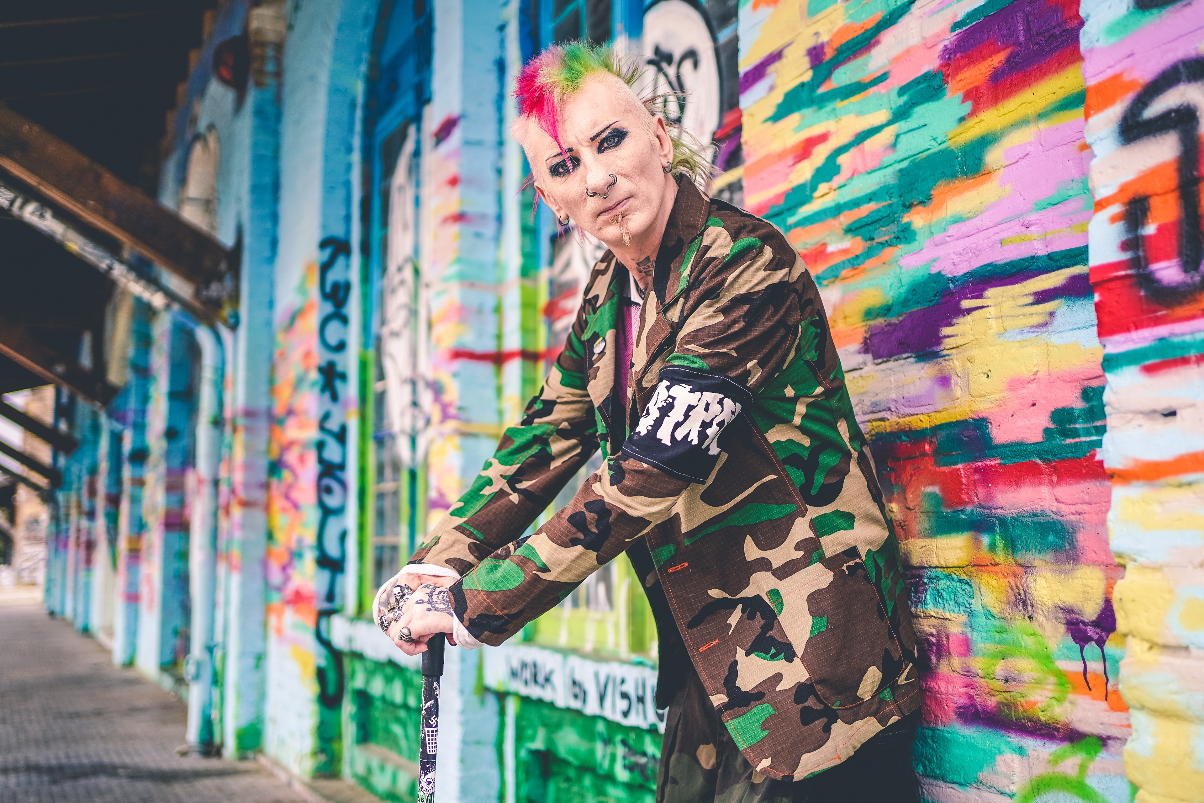 Graham Beano Heenan bass player of punk bands Varukers The Business Texas Terri Bomb Church of Confidence colorful mohawk