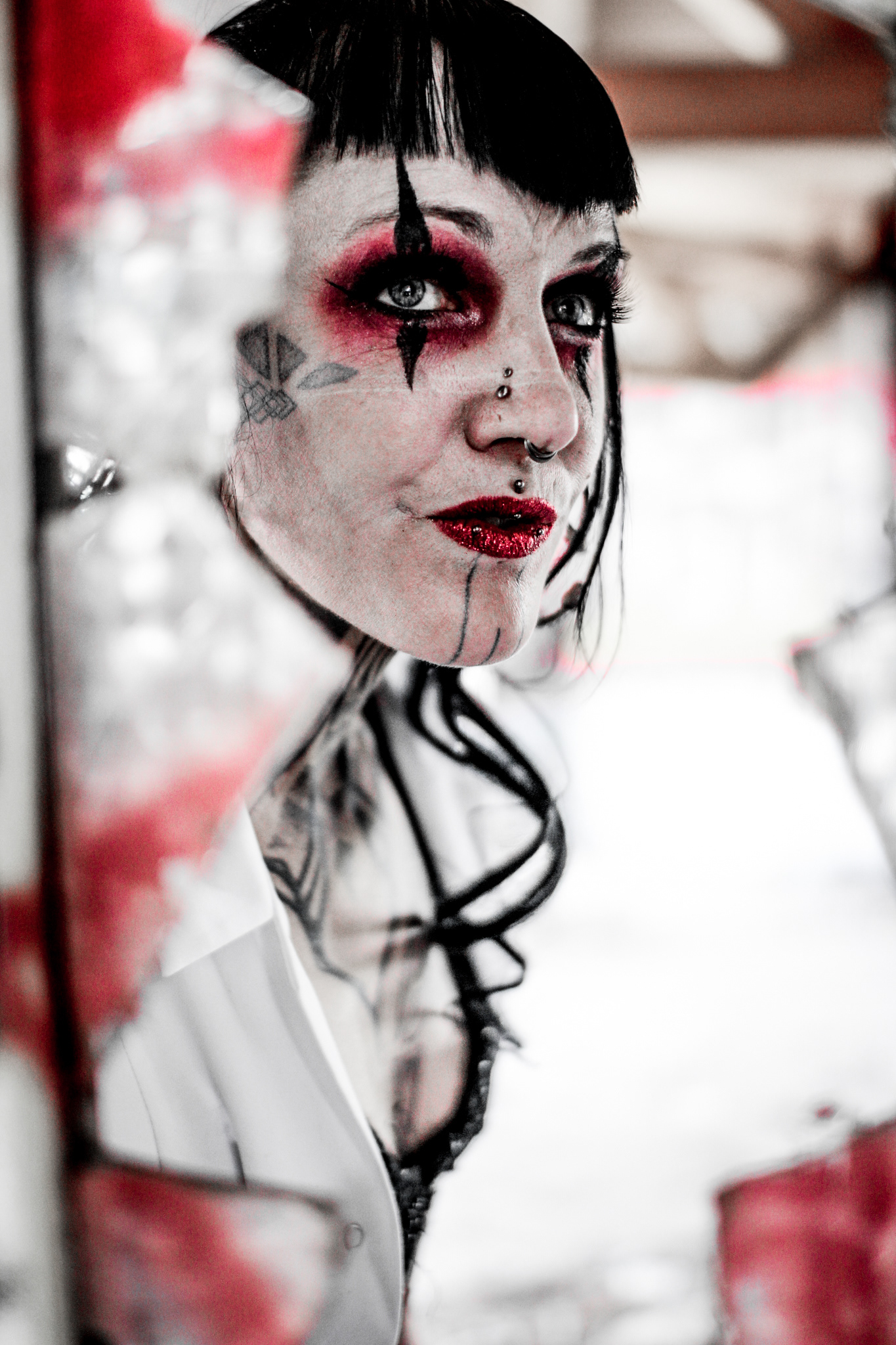 Performer Sabine Twedelera aka Princess Tweedle Needle in bloody horror nurse costume at abandoned water park Blub in Berlin