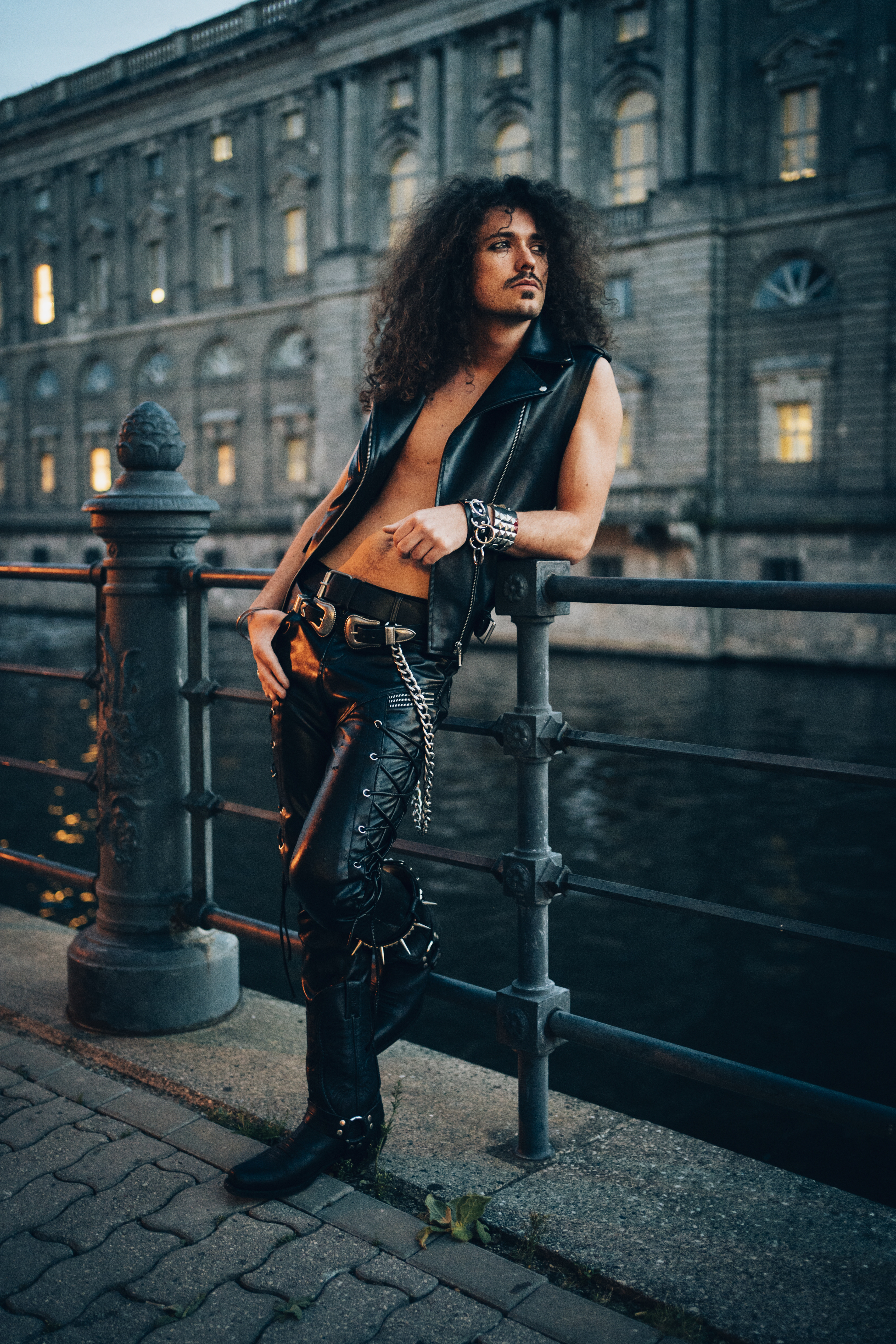 Heiko Musolf guitarist and back vocalist of thrash metal band Rezet standing by a river in Berlin Mitte