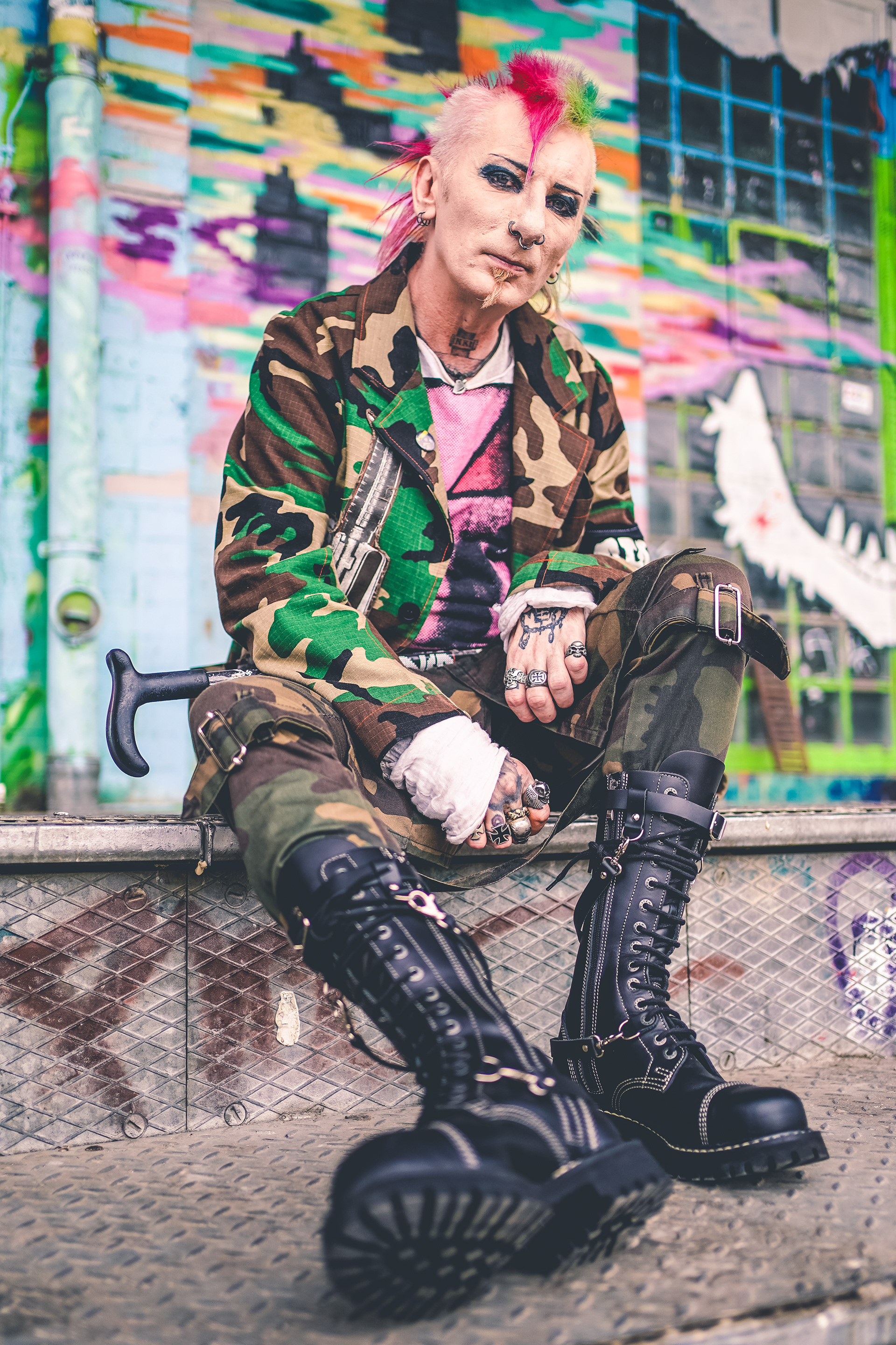 Graham Beano Heenan bass player of punk bands Varukers The Business Texas Terri Bomb Church of Confidence colorful mohawk