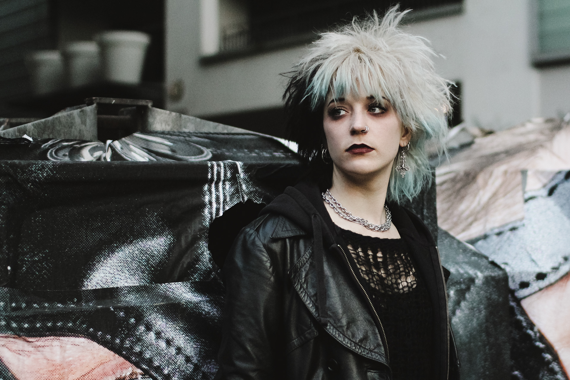 Saxophonist of dark punk band Totenwald Ruby captured in the streets of Kreuzberg