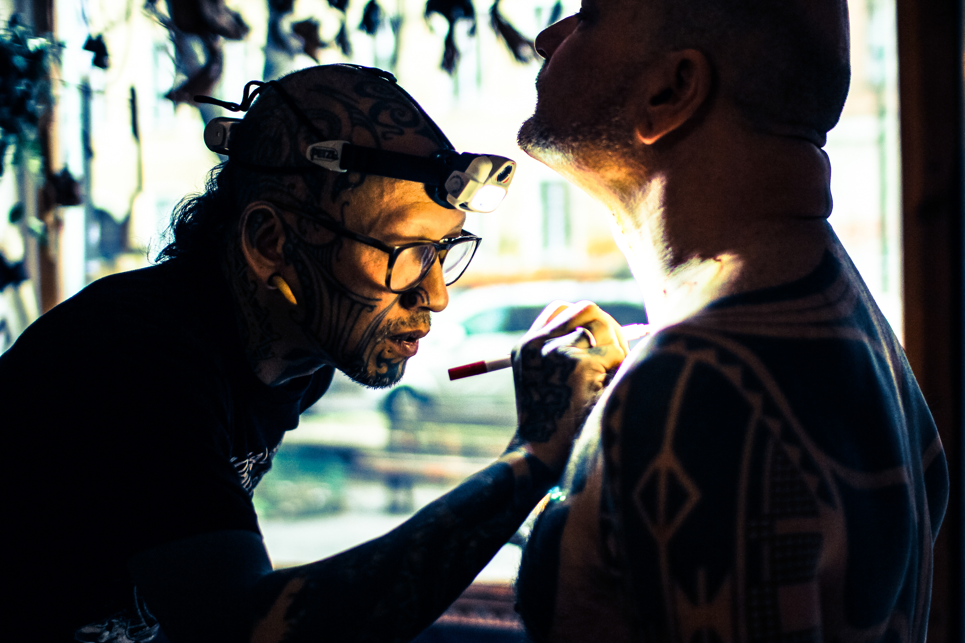 Tattoo artist Durga of Durga Tattoo shop in Berlin preparing design for Mentawai Ti'ti Mentawai tattoo