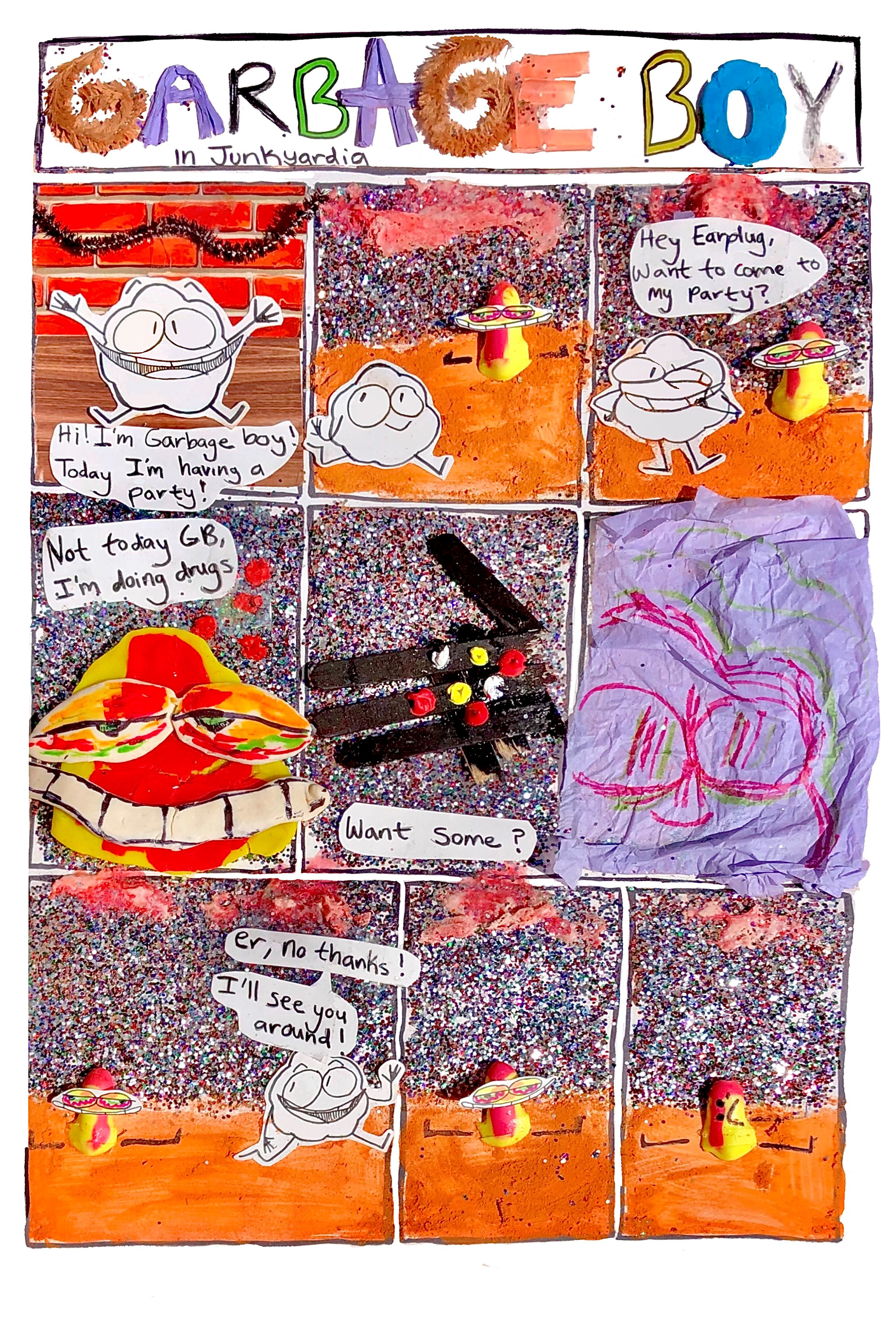 A lad named Garbage Boy goes on an epic adventure to invite his pal to a fun party!