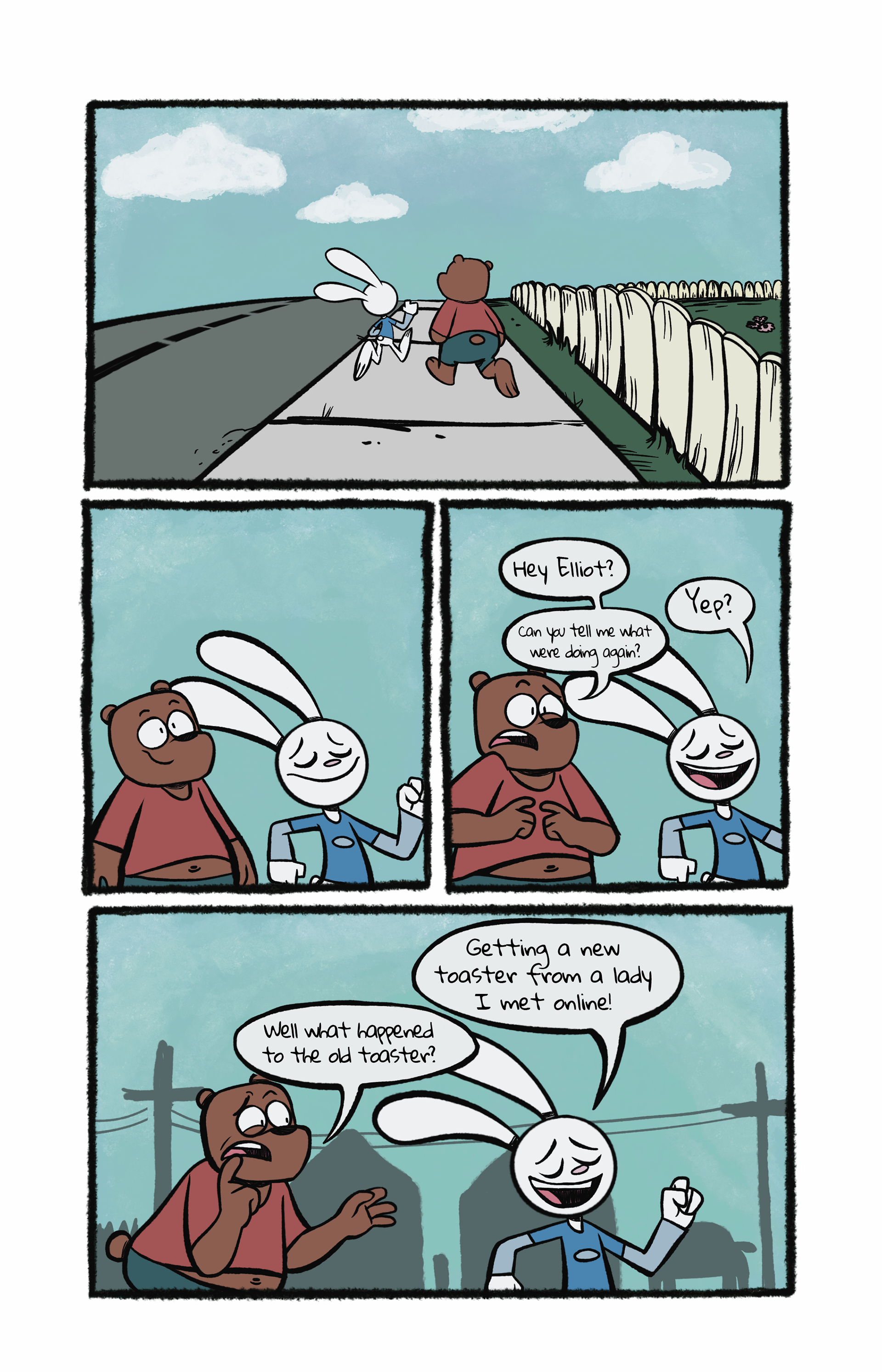 A bunny and his best bear friend go off to find a toaster they purchased online.
