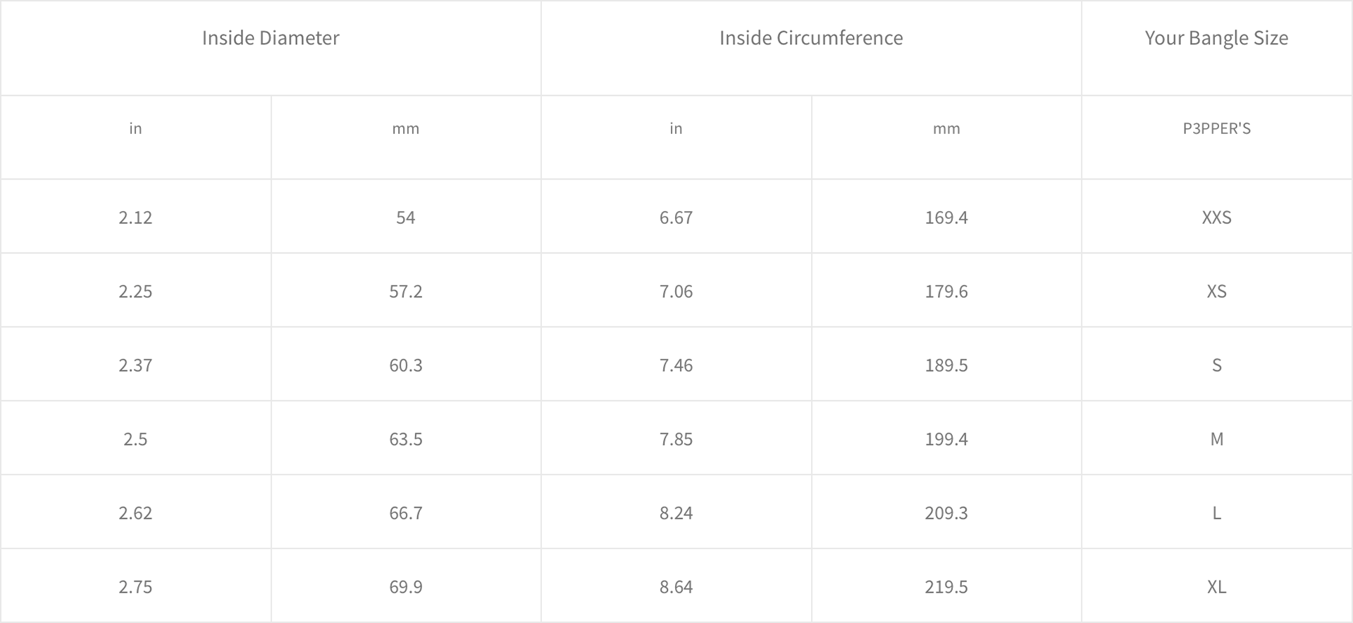 bangle size chart at byMazy