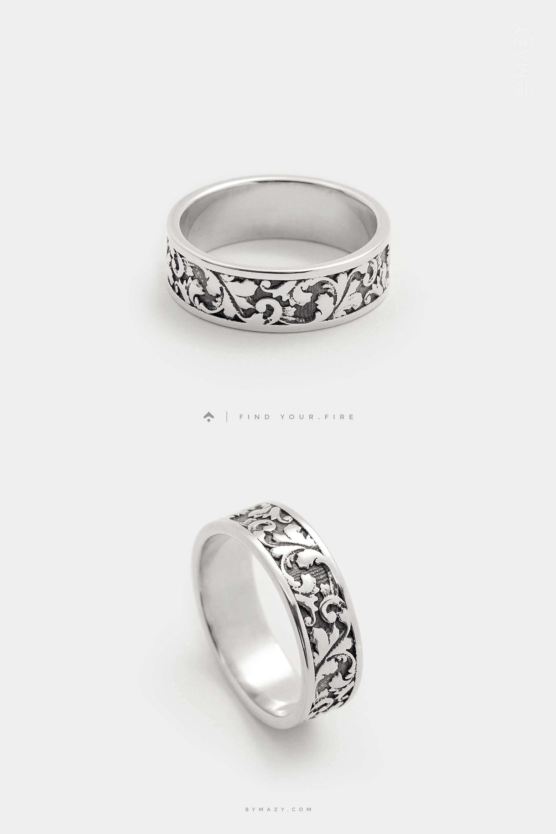 floral frieze, sterling silver ring, wedding band, flower pattern ring, textured ring, sterling silver ring, band ring