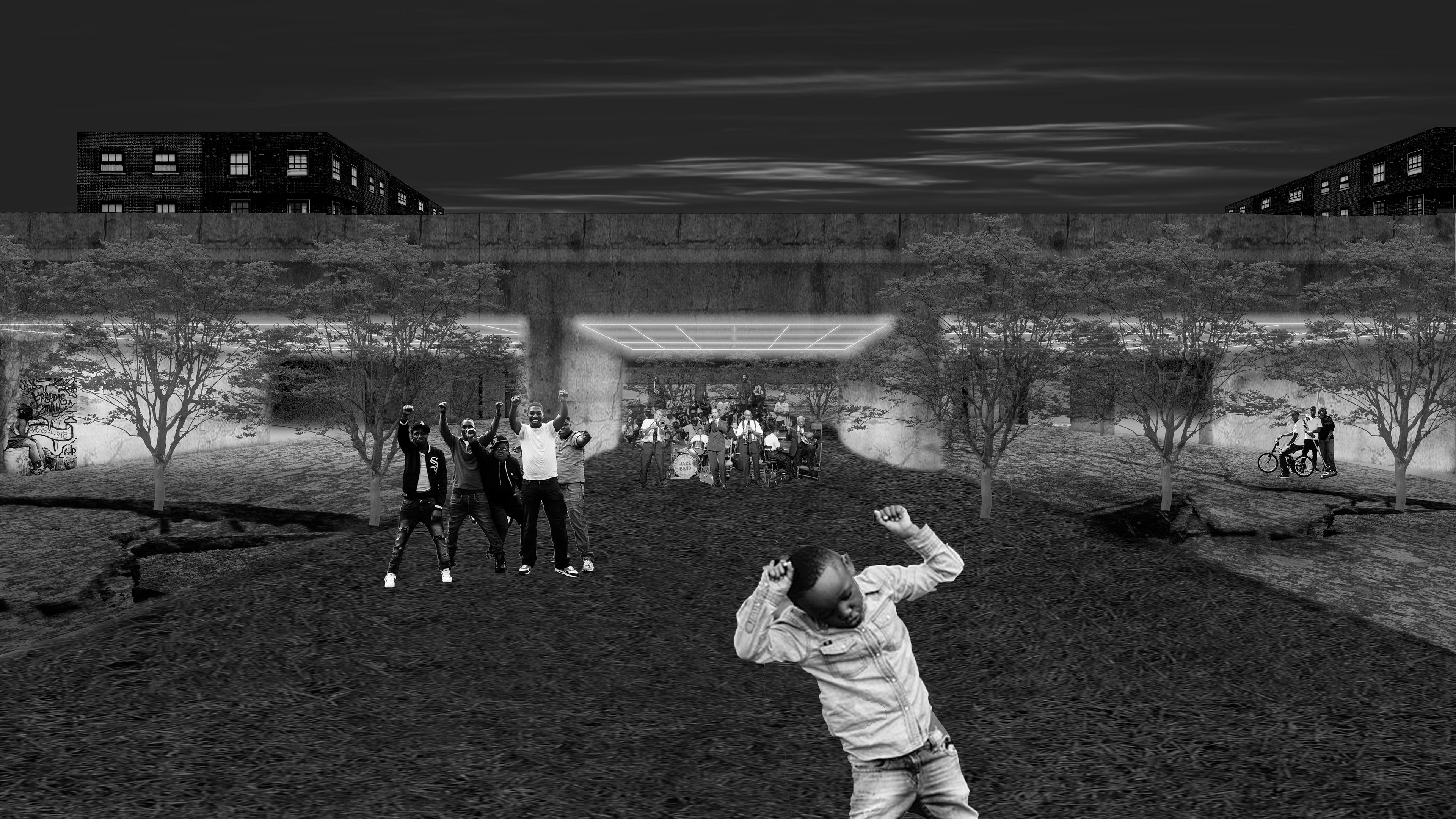 To direct a light or shadow: The form of the site is so intertwined with light and shadow because of its shape and orientation of north and south facing walls. Recent projects like the Congress for New Urbanism’s Highways to Boulevards initiative focus on filling highways like the Highway to Nowhere. My thesis categorizes fill as not only an immense undertaking of labor and energy, but also as a form of erasure. The physical form of the site provides a landscape too interesting to ignore. A particularly interesting moment is the space underneath overpass bridges, which were once the streets where residents gathered. One part of rearranging trees is the establishment of a street tree allee that frames space underneath the bridge, symbolic of the street and stoop as a gathering space. A nine patch quilt pattern in neon casts light underneath at night, which subverts the expected light and shadow of a space under a bridge.