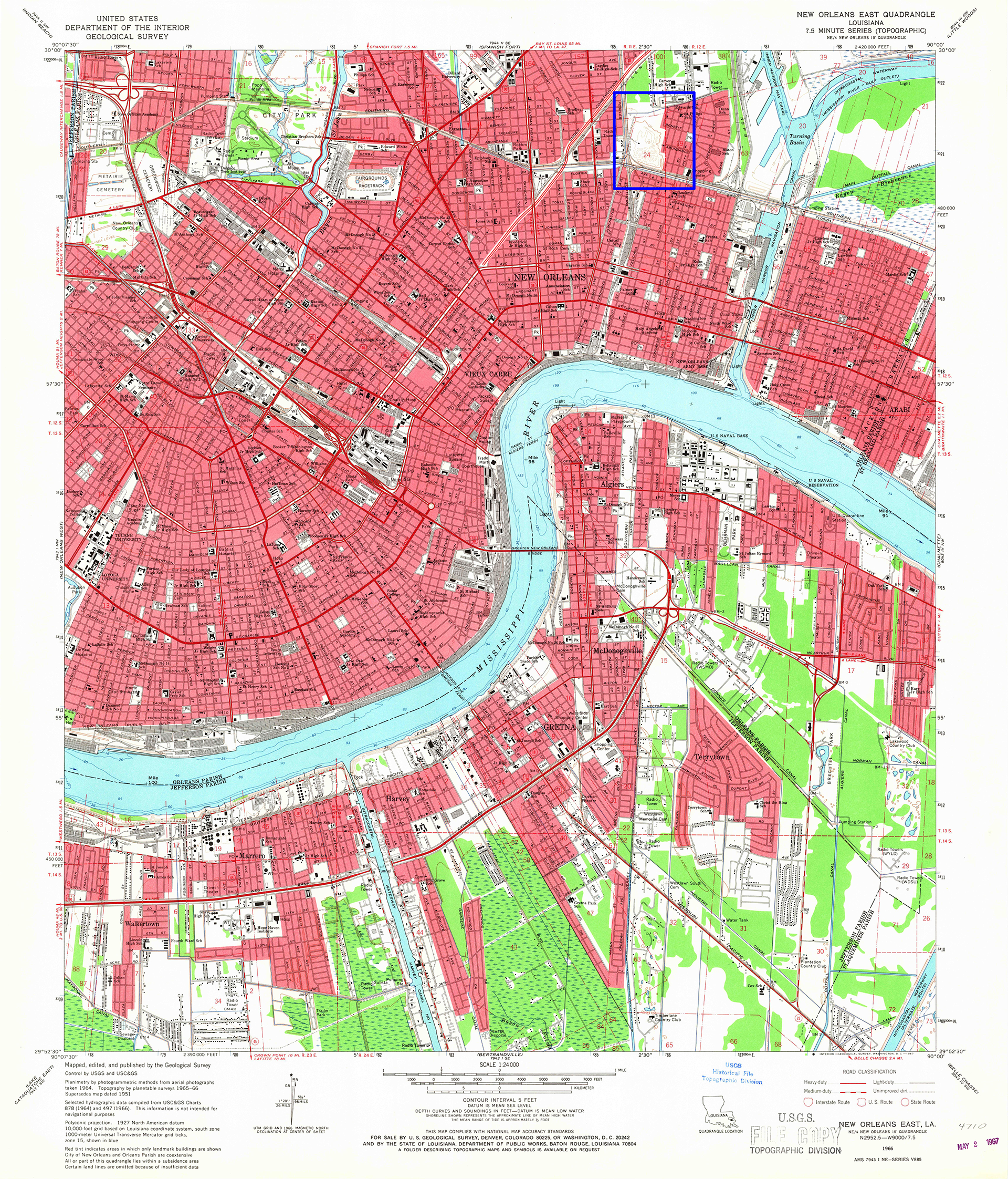 U.S. Geological Survey, 1966, USGS 1:31680-scale Quadrangle for New Orleans East, LA 1939, 1966,1992:https://nationalmap.gov/historical/