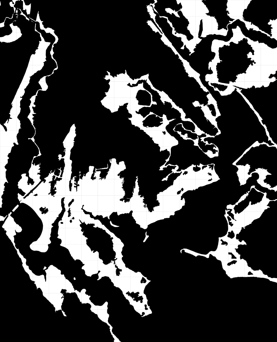 A Nolli style map of coastline migration illustrates projected land lost to hurricane surge flooding.