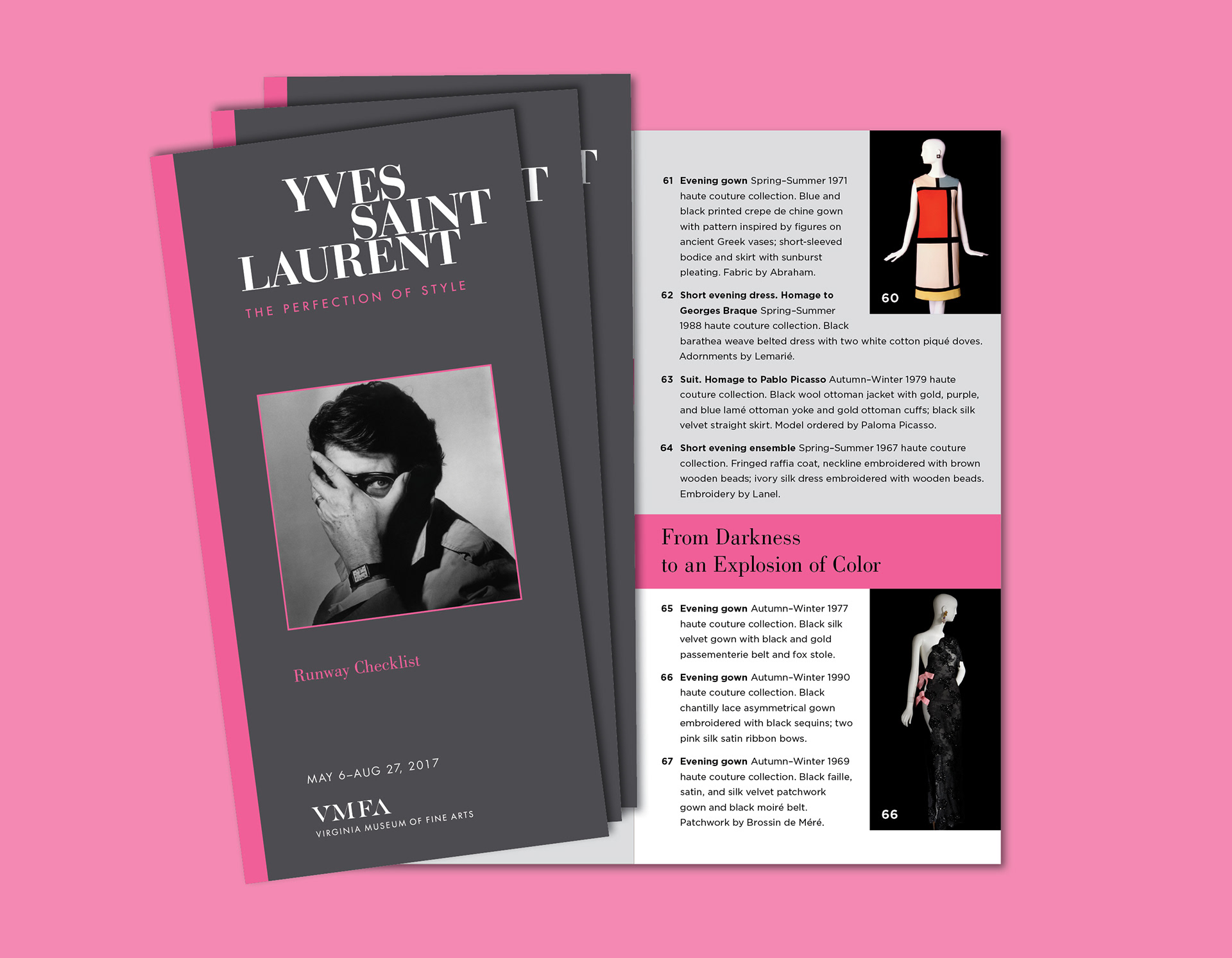 'Yves Saint Laurent: The Perfection of Style' runway checklist, cover and interior spread. 12 pages + cover, size: 6" x 12" (15.24 cm x 30.48 cm).
