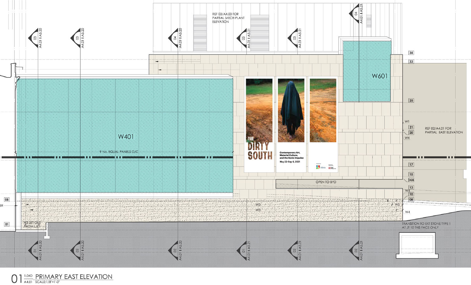 Schematic elevation of building exterior with banners.