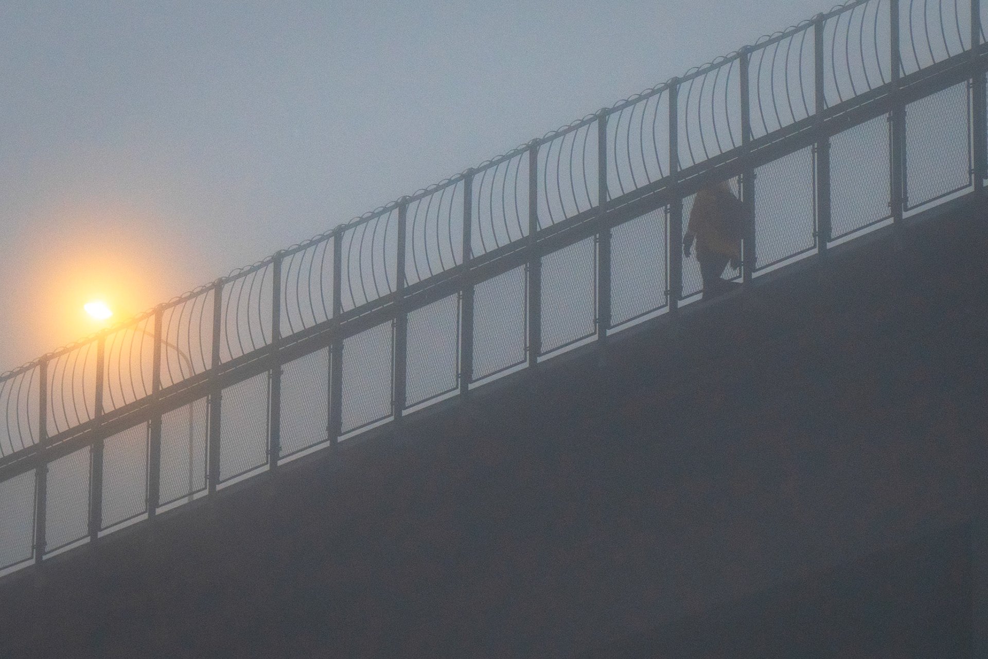 A lone figure ascends through the mist, their form half-lost in the thick morning fog. The streetlight burns like a false sun, caught between night and day, between the known and the unseen. There's a quiet solitude in this moment—an eerie, cinematic still from a dream half-remembered.