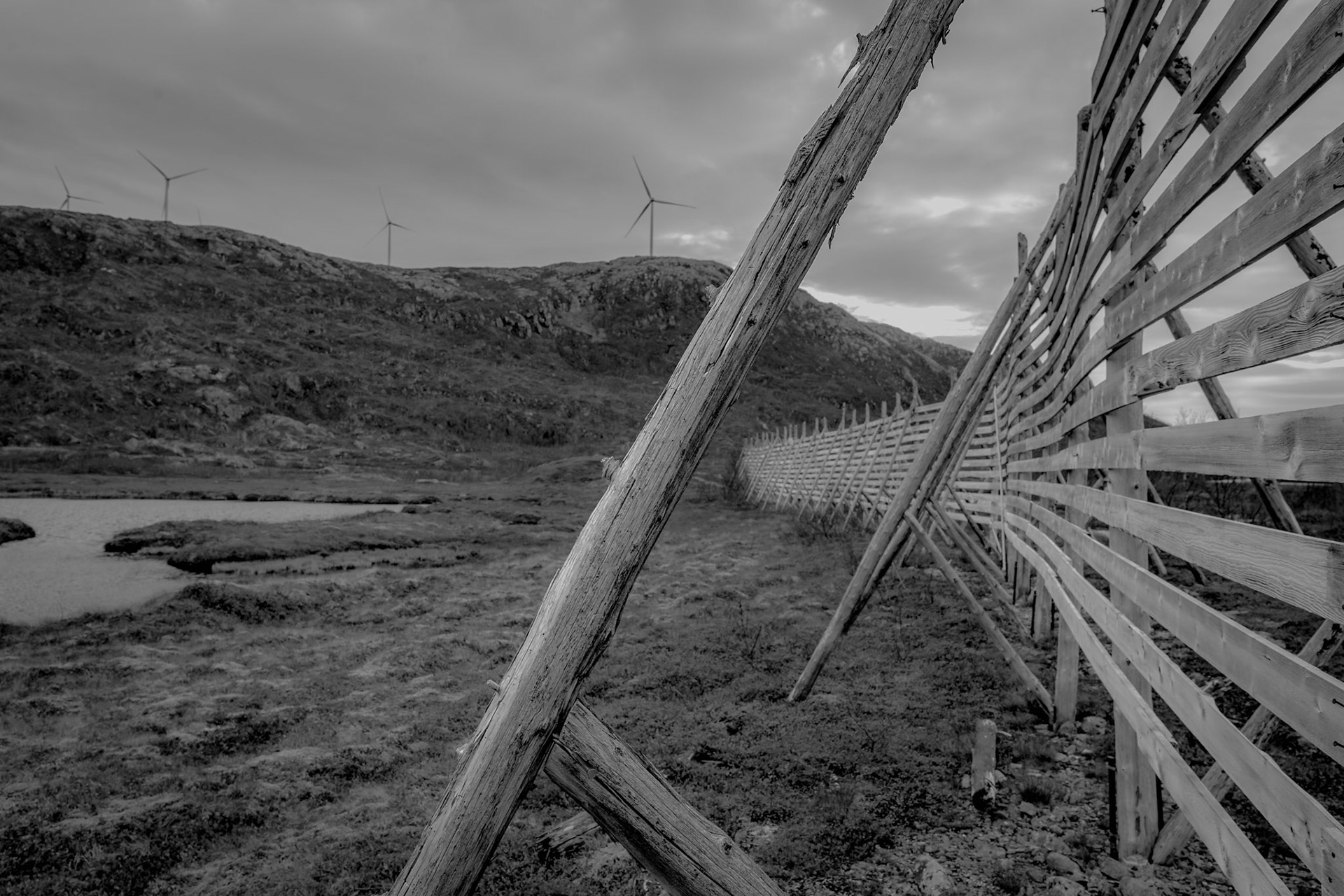 Driving through the windswept landscape near Sammøya, I was captivated by the striking lines and angles of this skoggard. Traditionally used as a windbreak in coastal regions, its carefully crafted slats and sturdy supports create an interplay of textures that both resist and channel the elements. The raw beauty of this structure, set against the rugged hills, drew me in, and I couldn’t resist capturing its form in this composition.