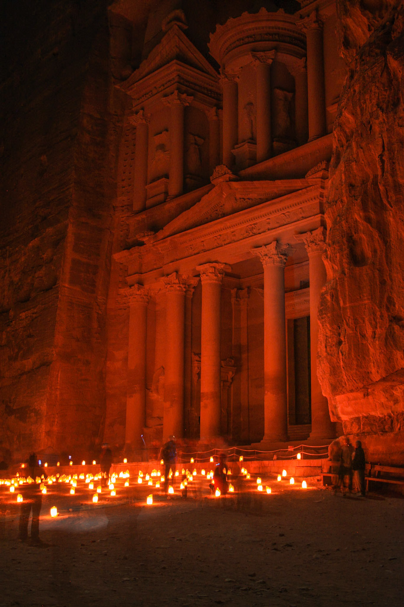Al Khazneh lit by candles during the night in Petra, Jordan