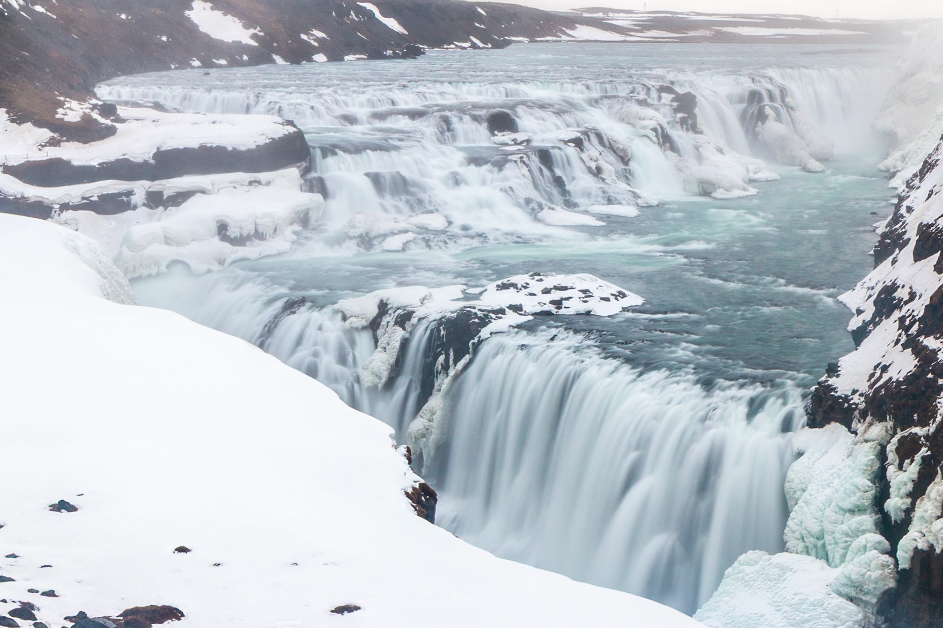 A snowed in Gullfoss waterfall in the Winter, Iceland