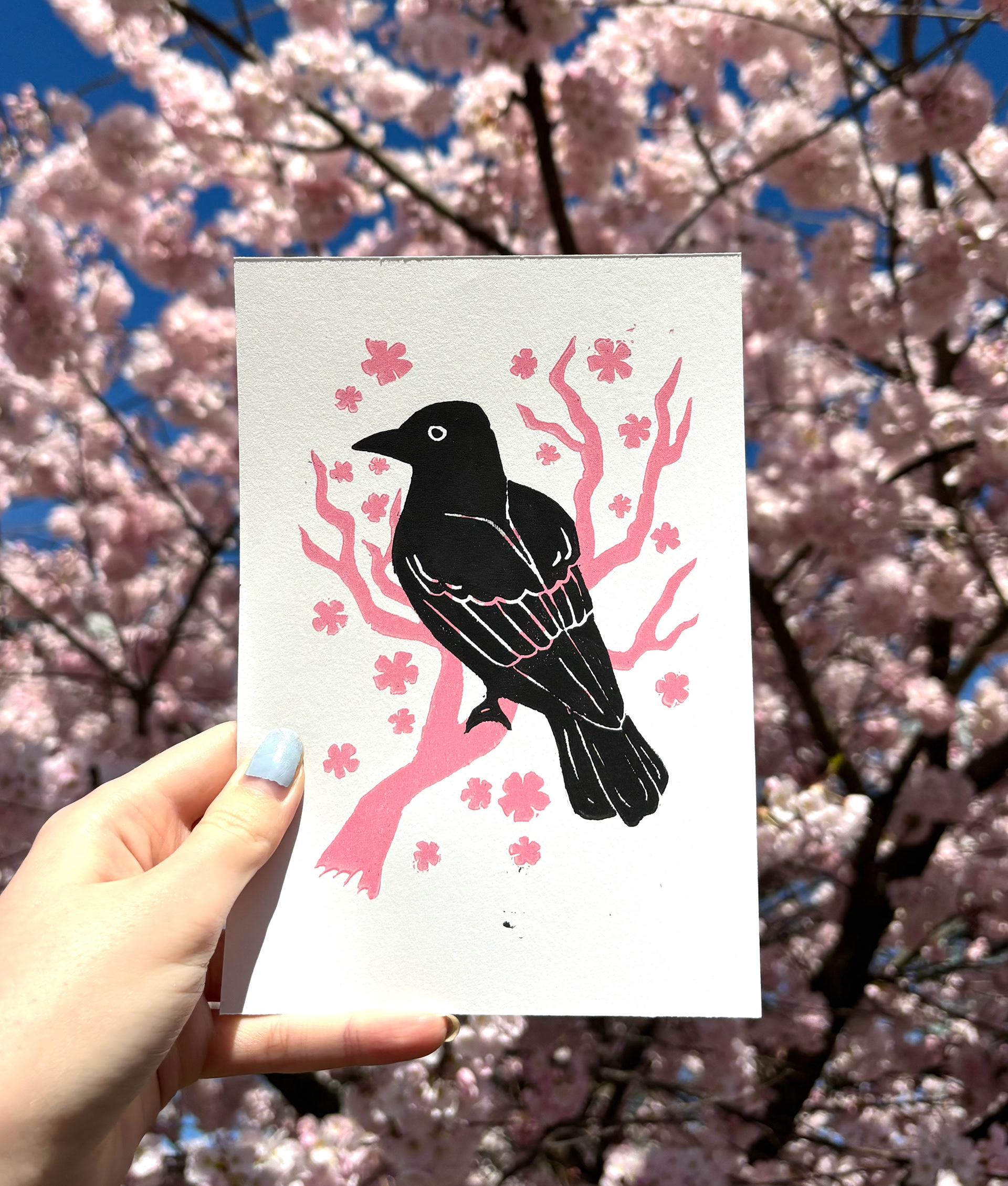 Cherry Blossom Crow Lino Print