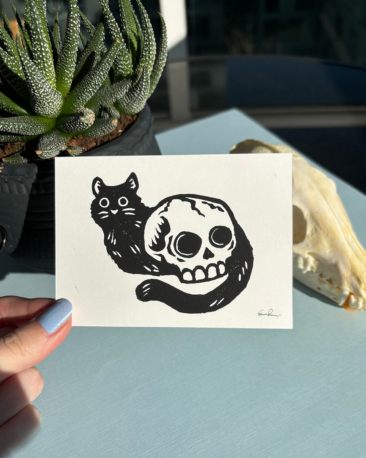 Skull Kitty Lino Print