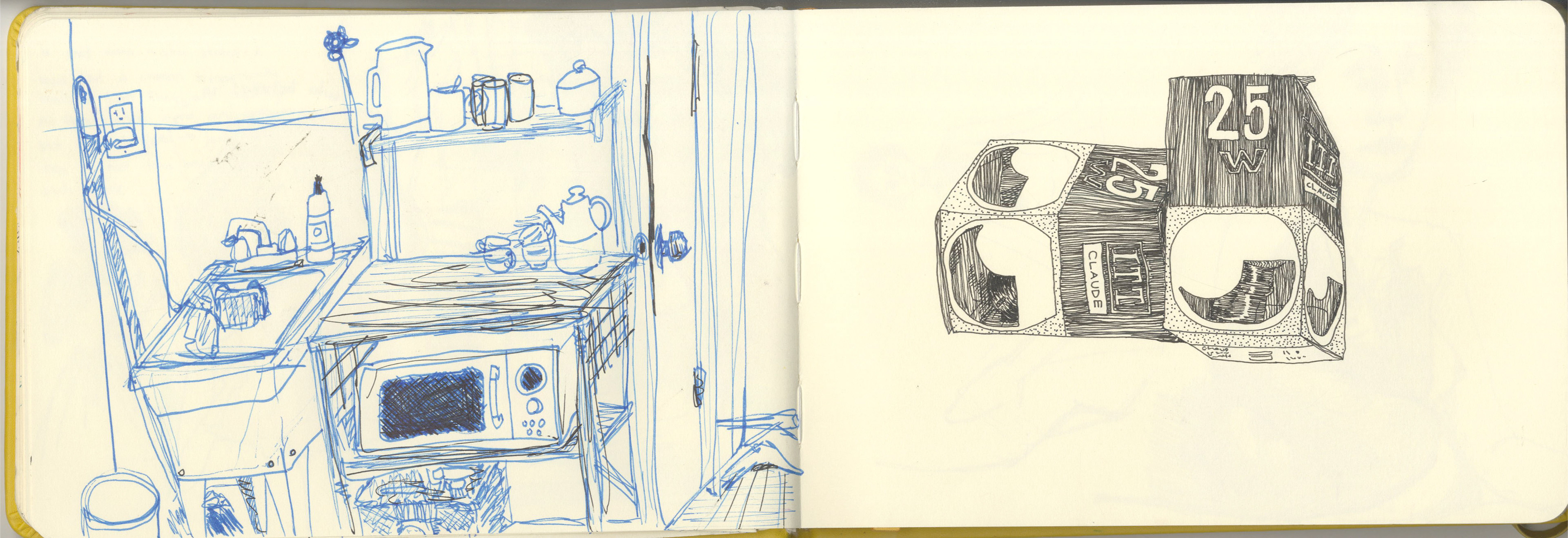 A quick sketch of the view from my studio desk and French lightbulbs I have when I accidentally ordered European sconces.