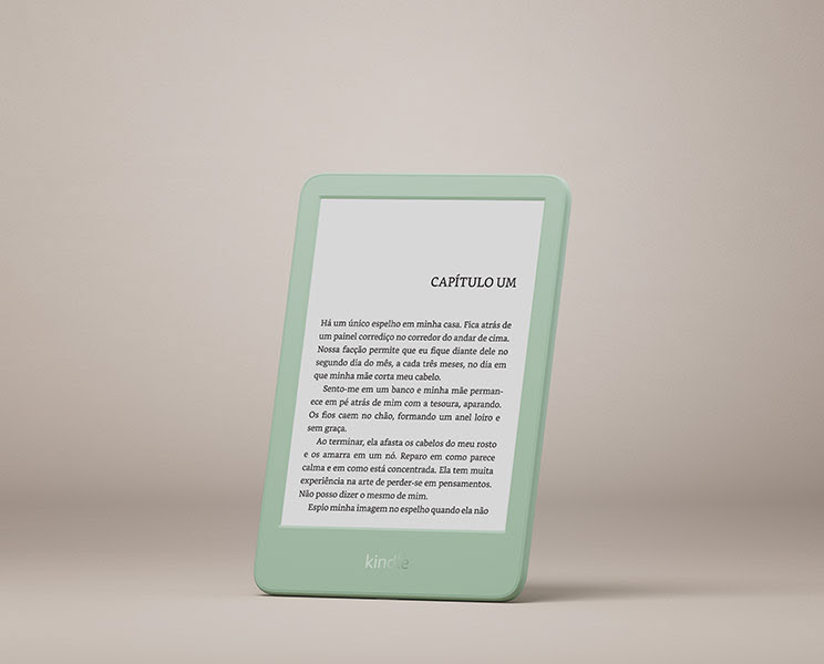 E-reader Kindle, leve e compacto, com trocas de página mais rápidas e 25% mais brilho.