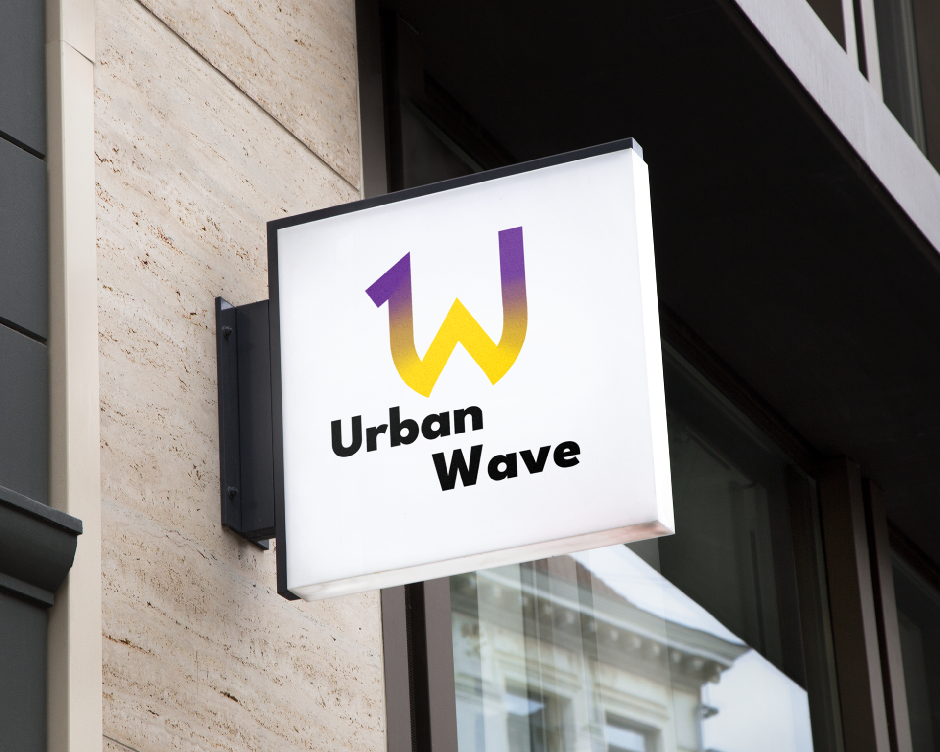 A mockup showing Urban Wave's logo on a shop sign.