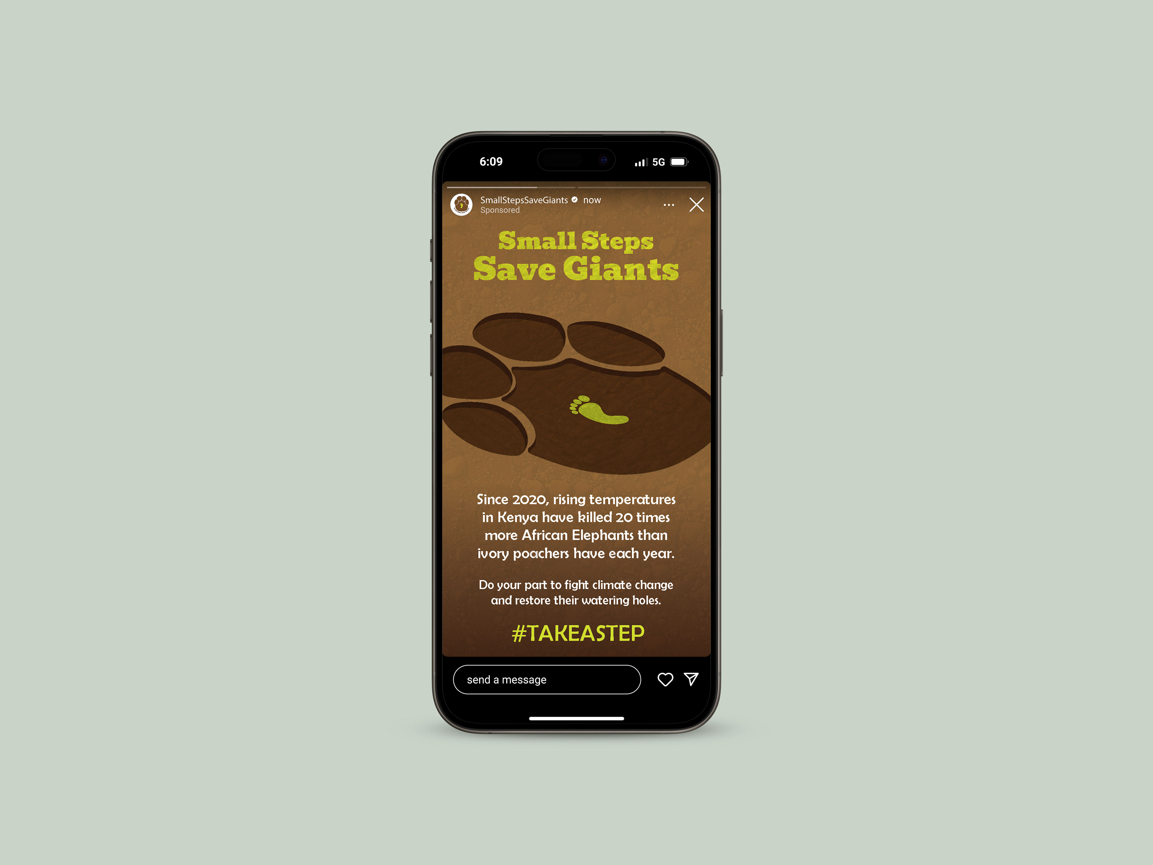 A mockup of an Instagram story posted by Small Steps Save Giants.