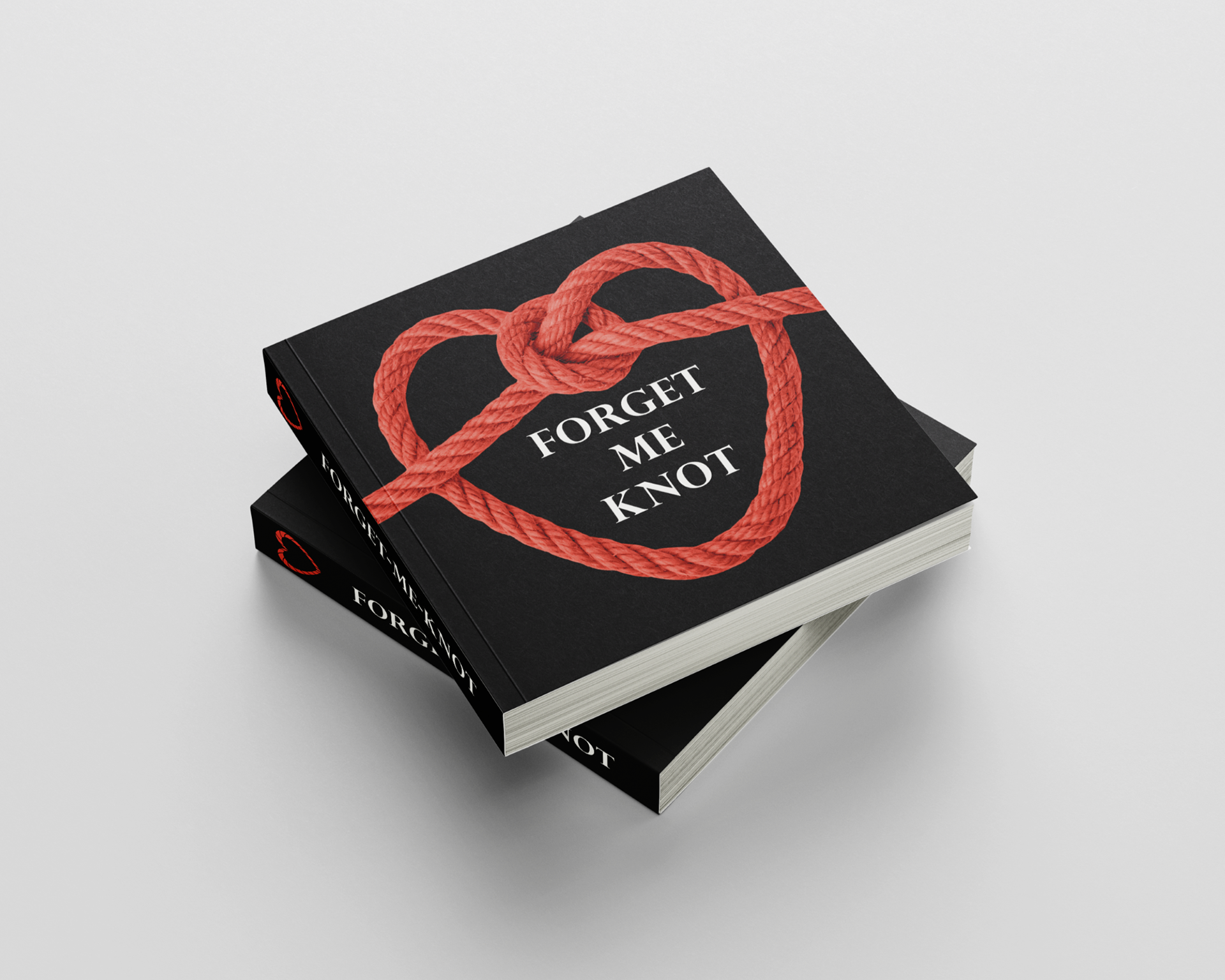 A mockup of the book's cover. The title, "Forget-Me-Knot," is centered inside a heart-shaped rope.