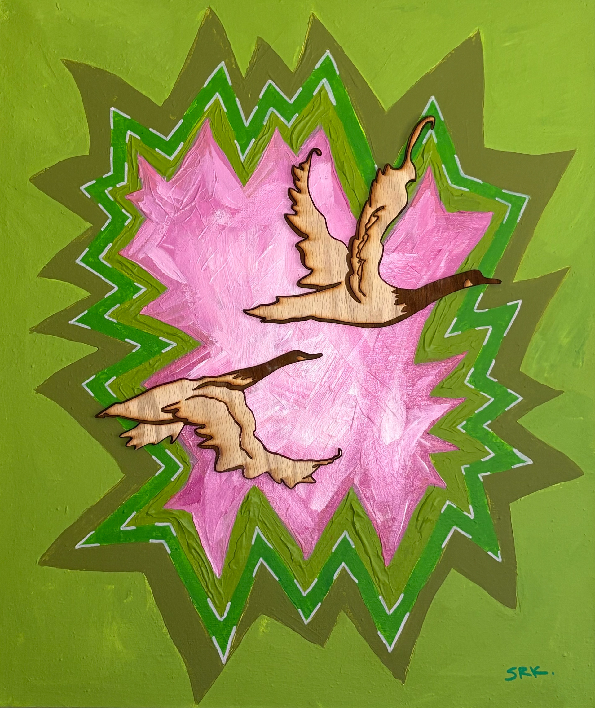 "Migration" Acrylic and Laser cut wood on canvas, (2024)