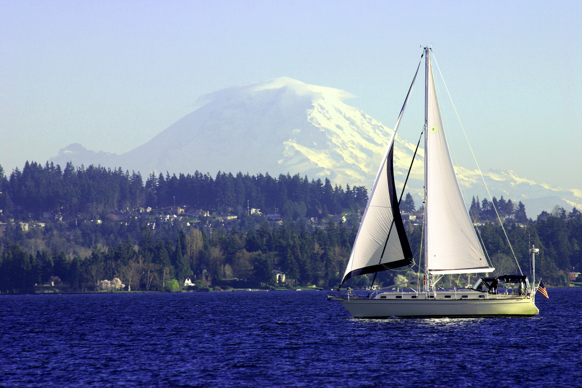 Sailboat and Mt Ranier on Lake Washington - Sand Point - Seattle, WA