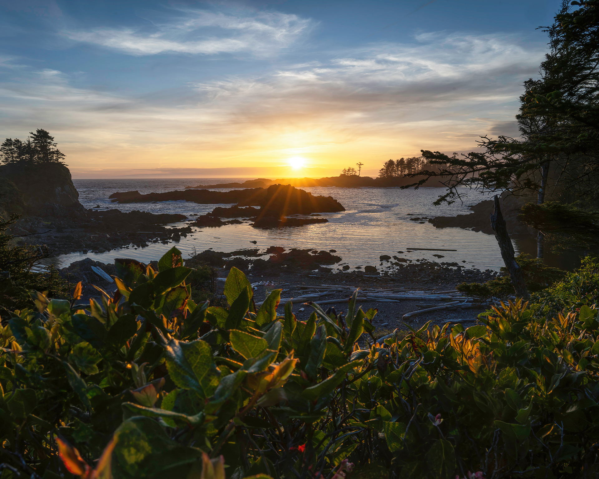 Golden hour sunset over the rugged, rocky coastline of Ucluelet on Vancouver Island, British Columbia. Fine art landscape photography by Kevin Prentice.